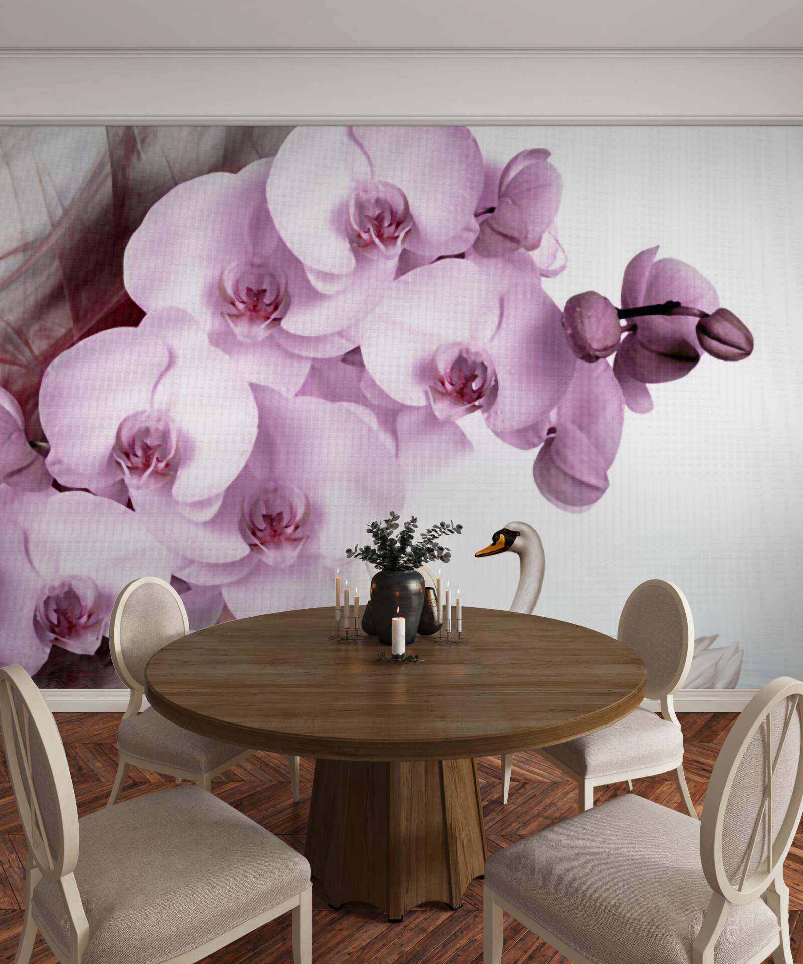 Papier peint des cygnes à la surface de l'eau et une délicate fleur d'orchidée lilas