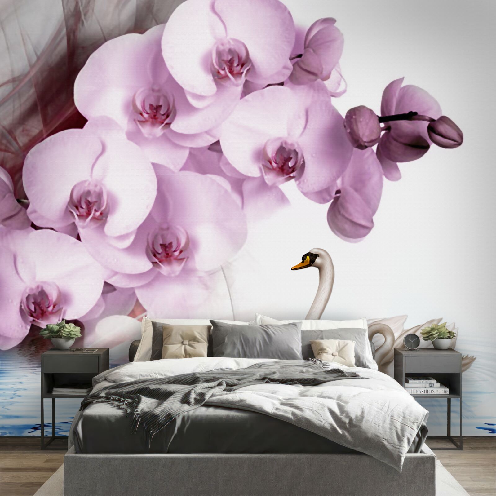 Papier peint des cygnes à la surface de l'eau et une délicate fleur d'orchidée lilas
