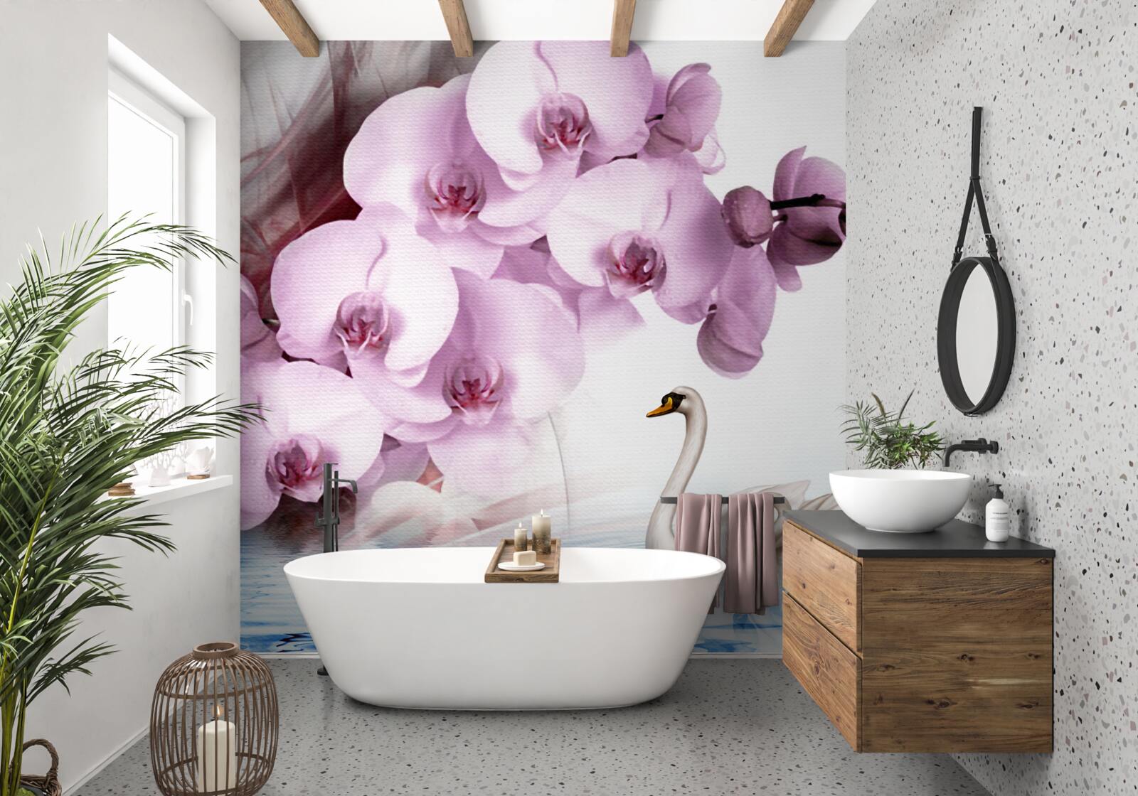 Papier peint des cygnes à la surface de l'eau et une délicate fleur d'orchidée lilas