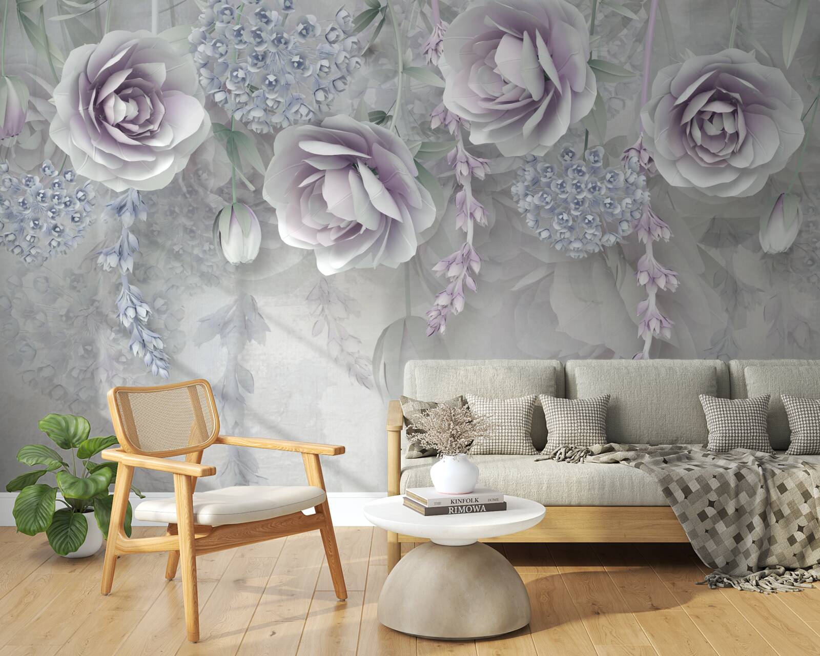 Papier peint roses lumineuses sur fond gris