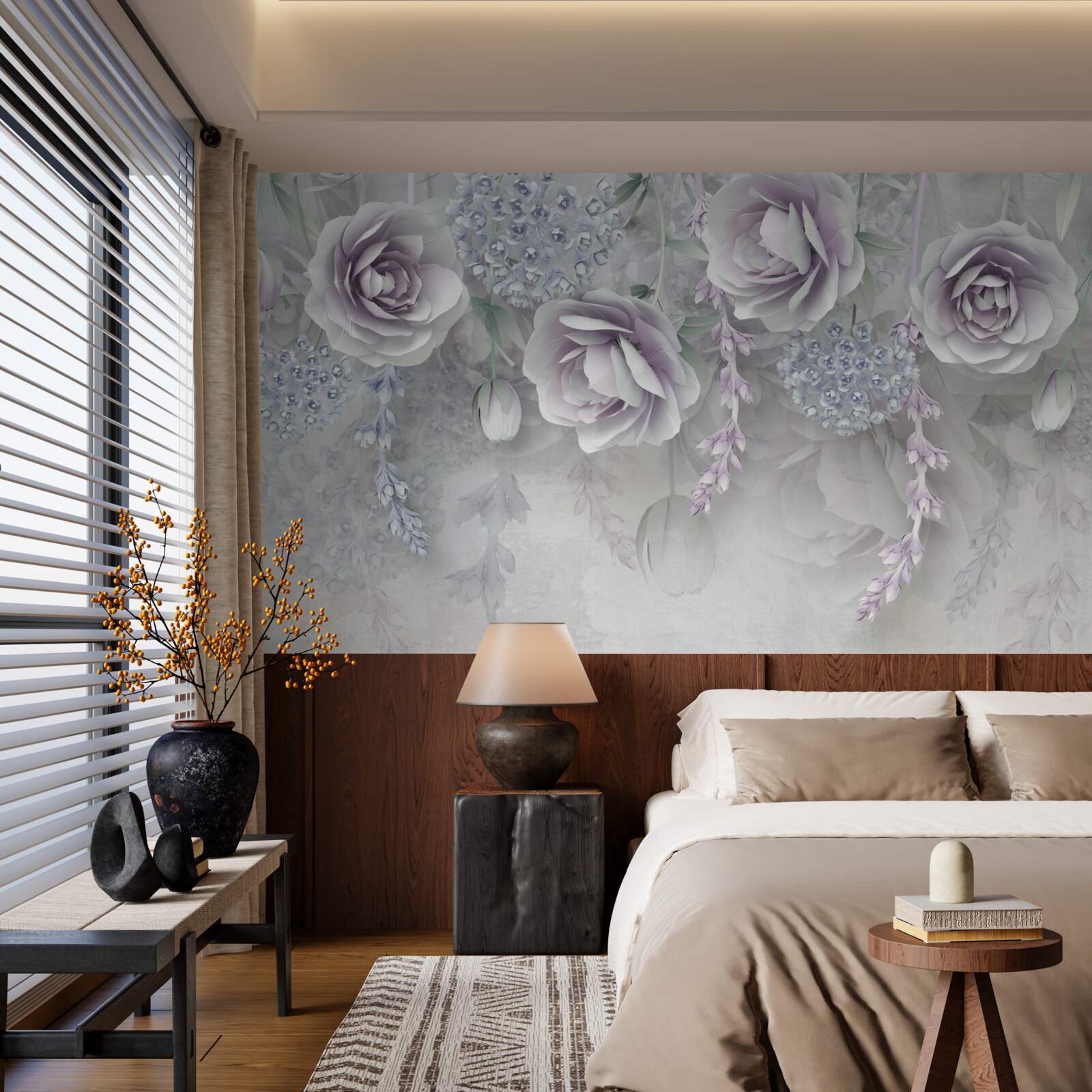 Papier peint roses lumineuses sur fond gris