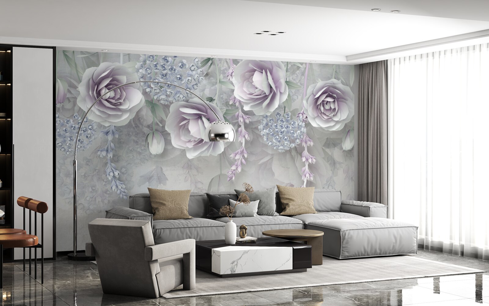 Papier peint roses lumineuses sur fond gris