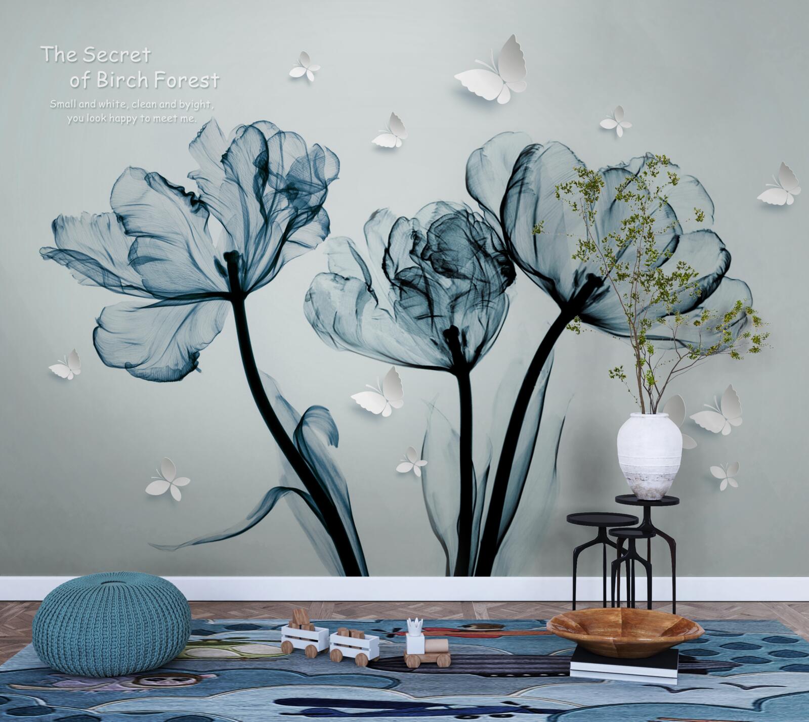 Papier peint coquelicots délicats et papillons légers