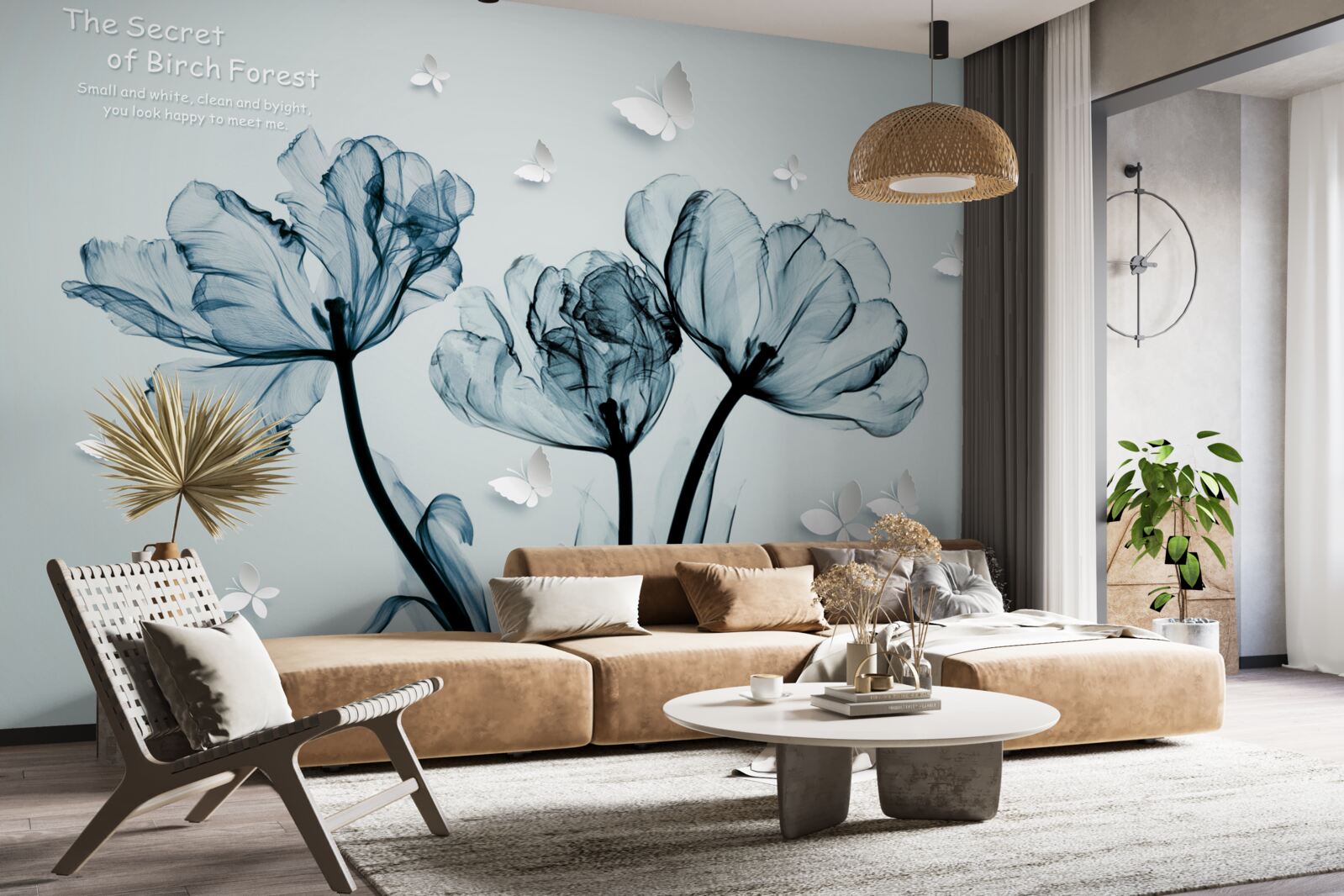 Papier peint coquelicots délicats et papillons légers