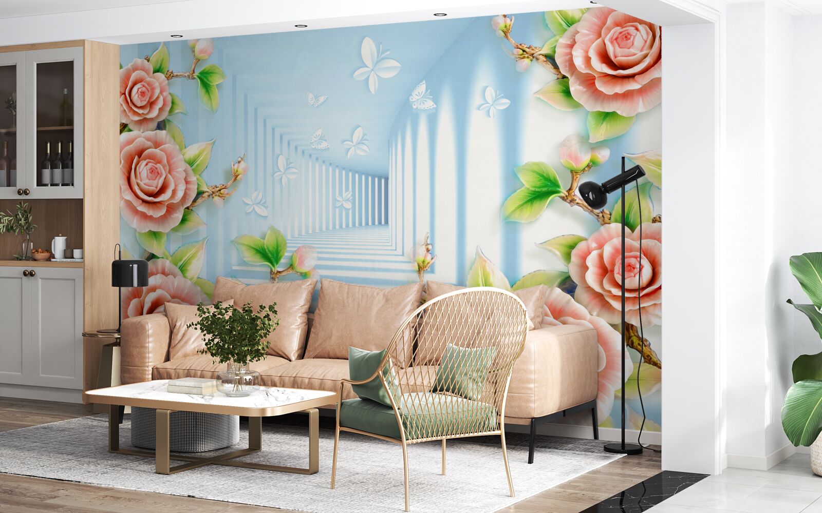 Papier peint tunnel bleu rempli de roses roses