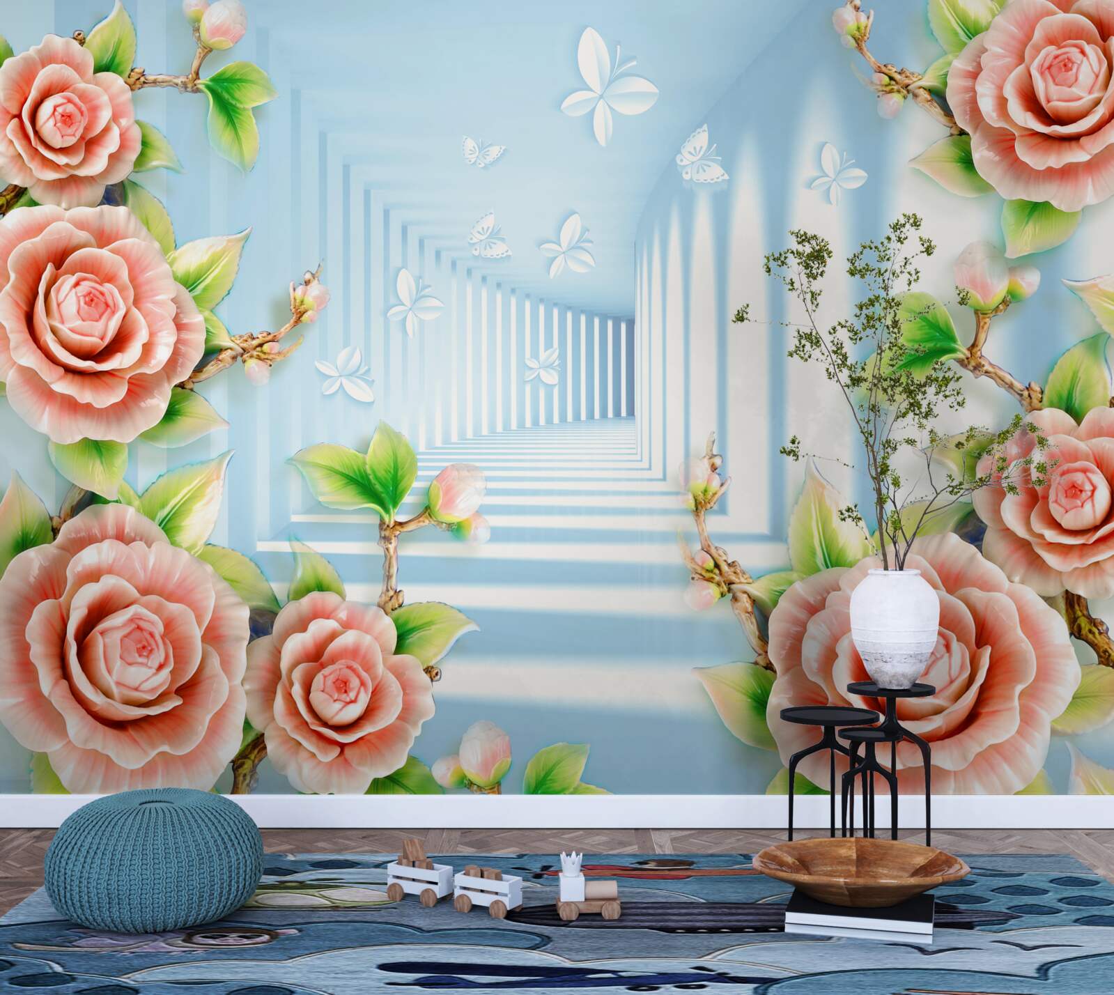 Papier peint tunnel bleu rempli de roses roses