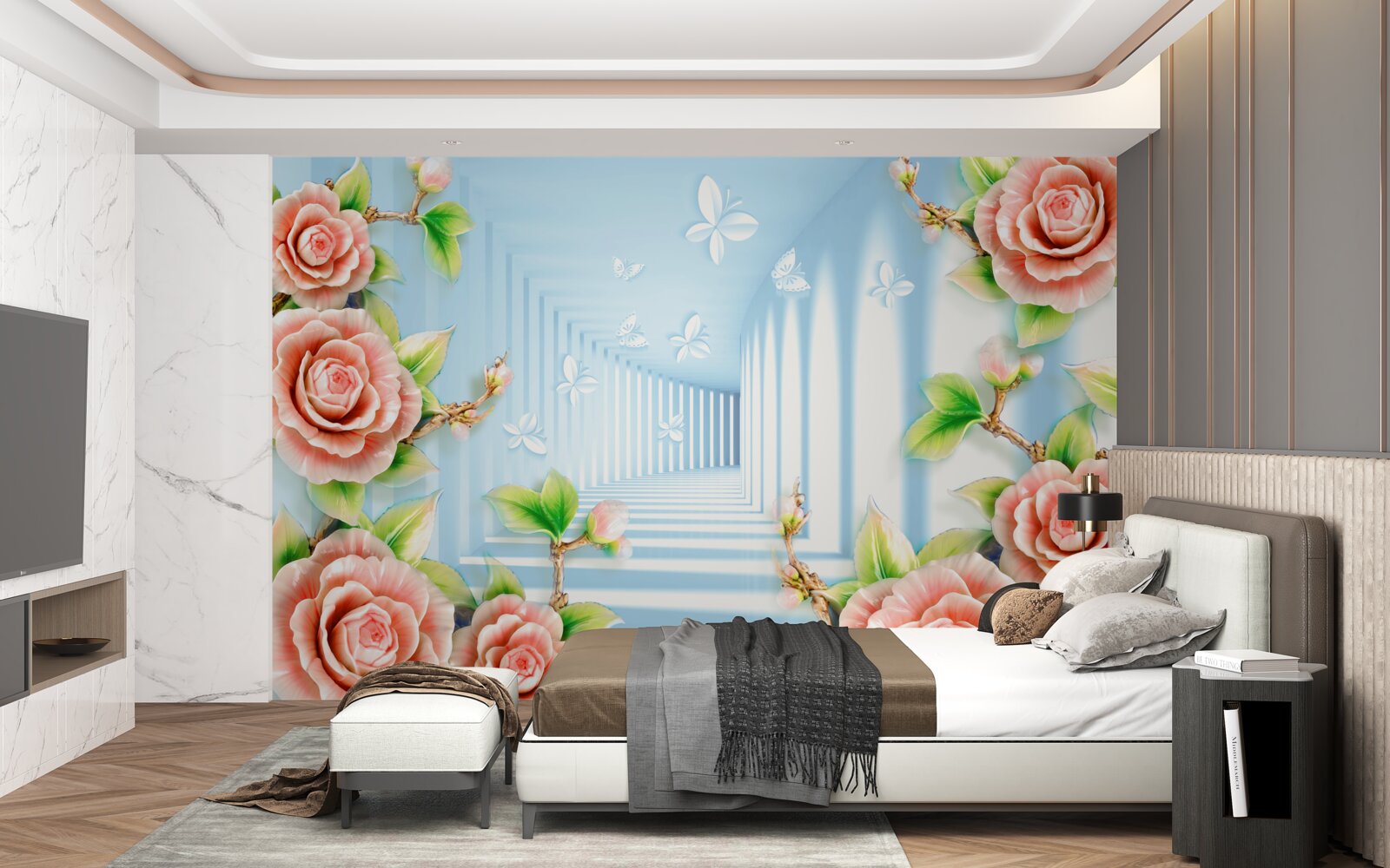 Papier peint tunnel bleu rempli de roses roses