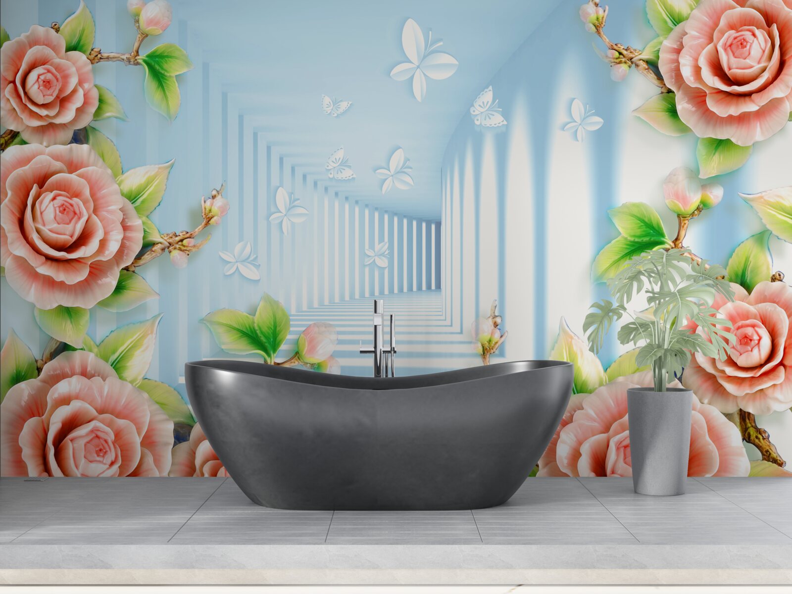 Papier peint tunnel bleu rempli de roses roses