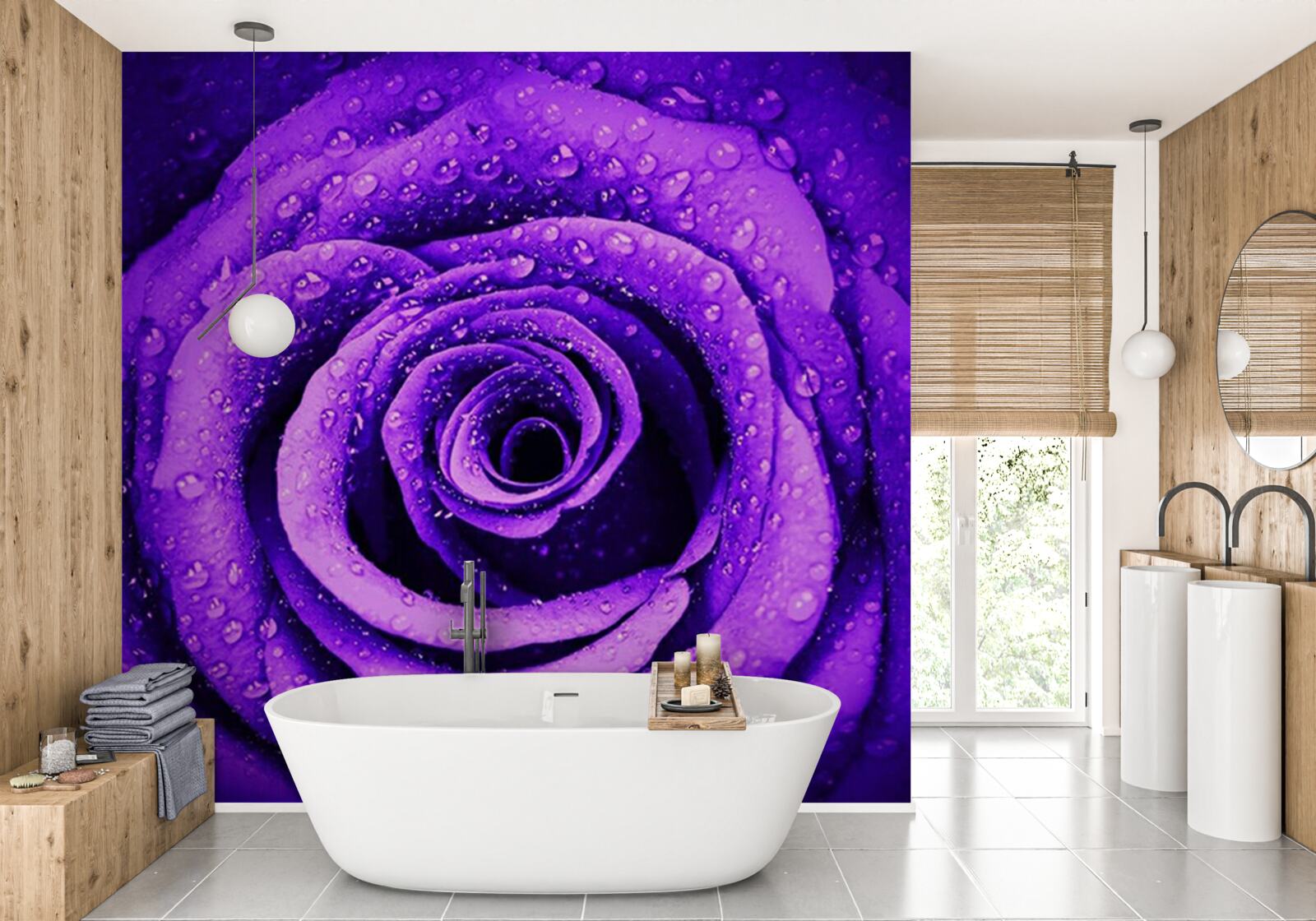 Papier peint vue rapprochée d'une rose pourpre couverte de gouttes de pluie