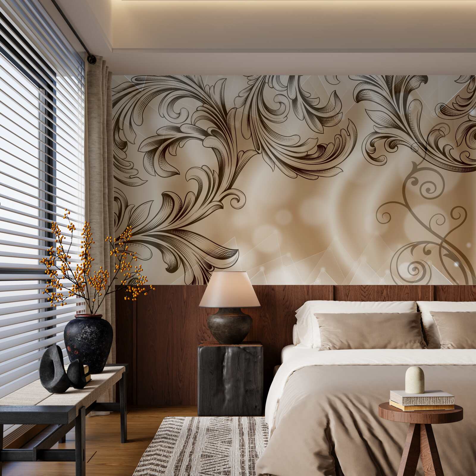 Papier peint plantes avec motif ajouré sur fond brun