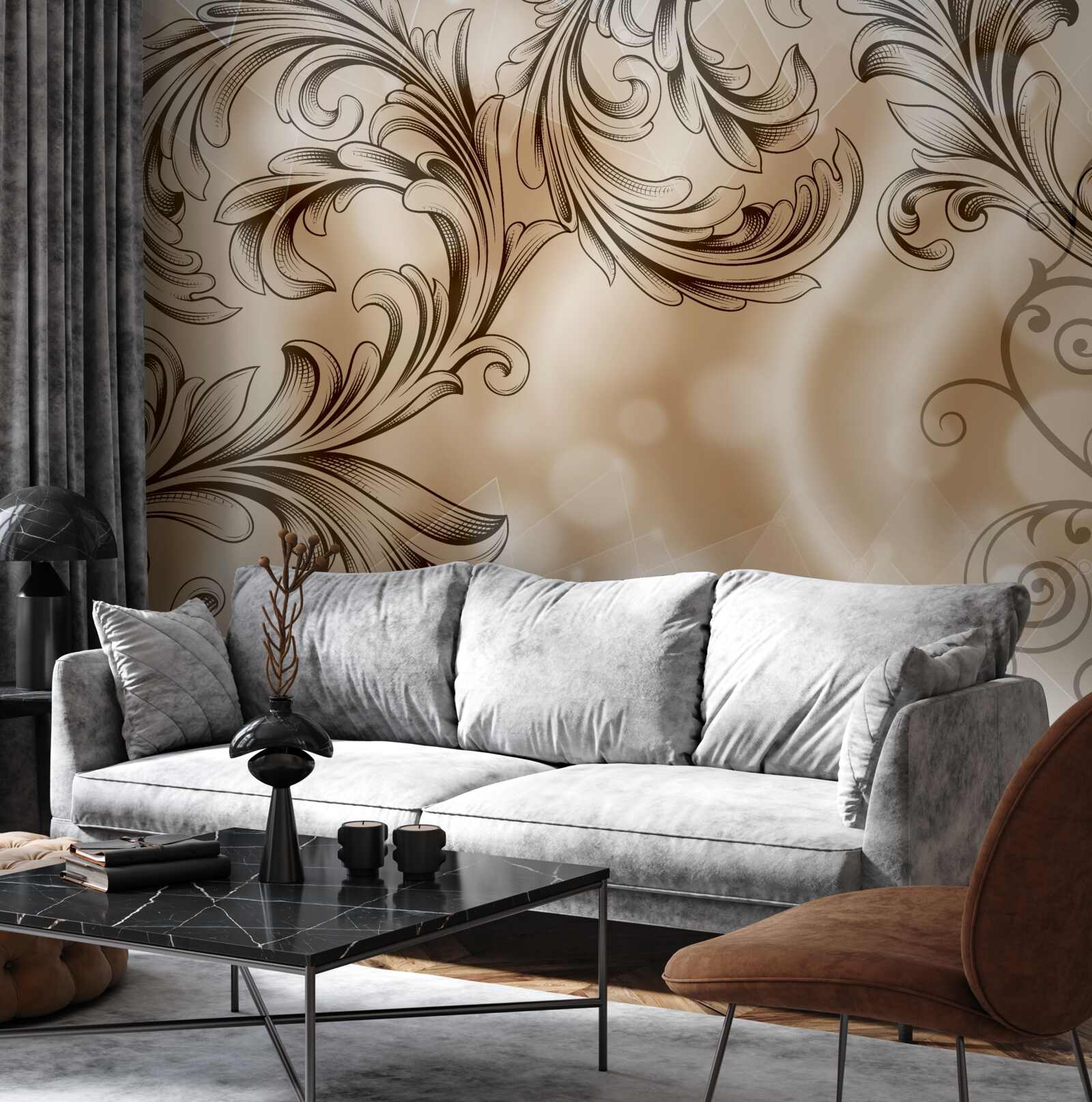 Papier peint plantes avec motif ajouré sur fond brun