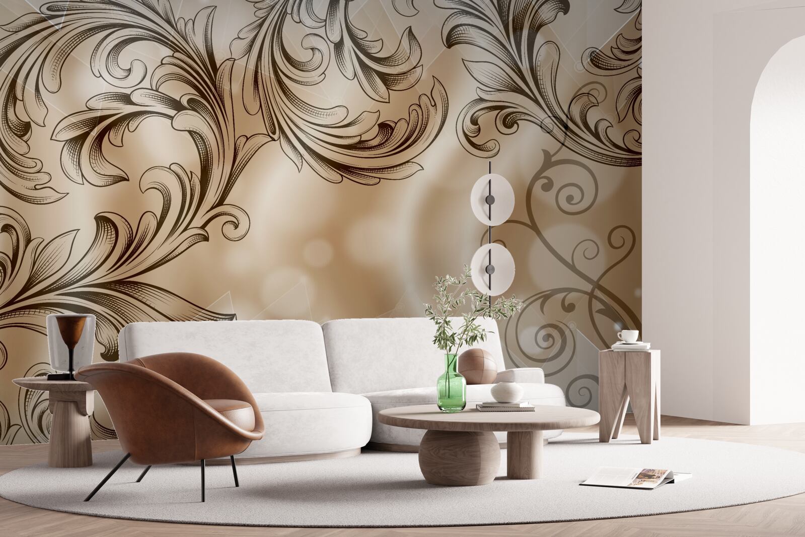 Papier peint plantes avec motif ajouré sur fond brun