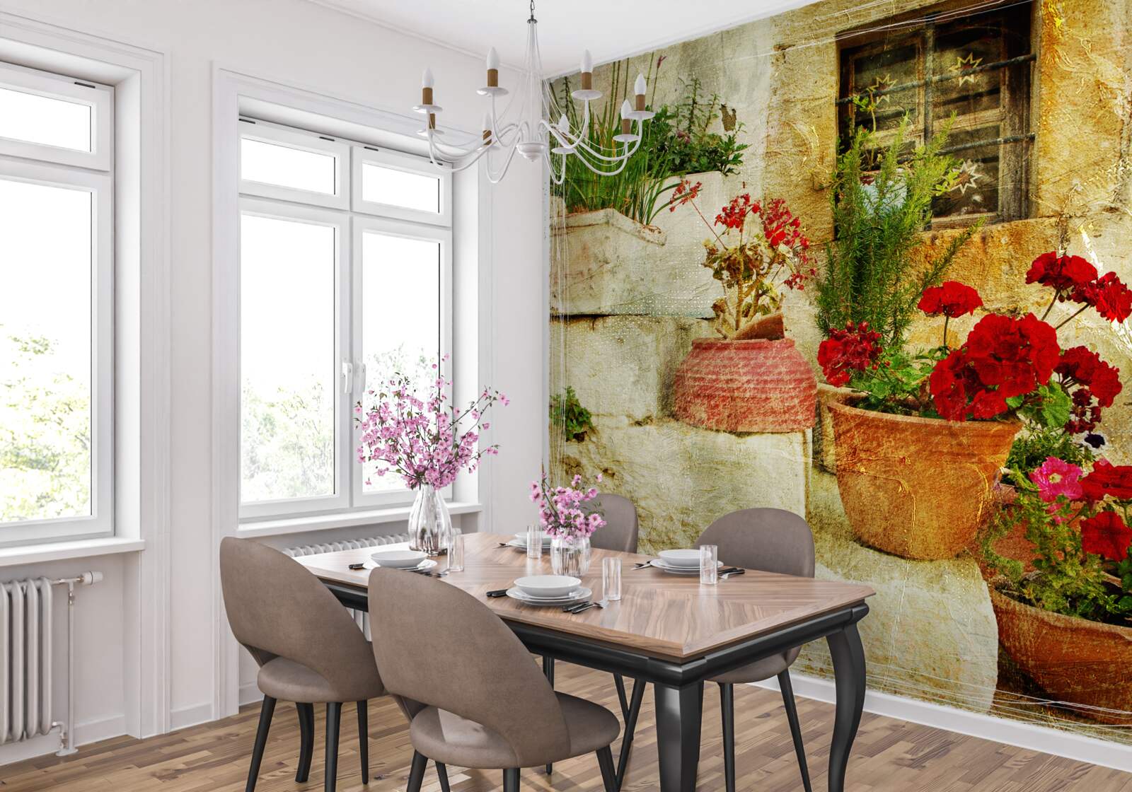 Papier peint pots de fleurs sur les marches en pierre