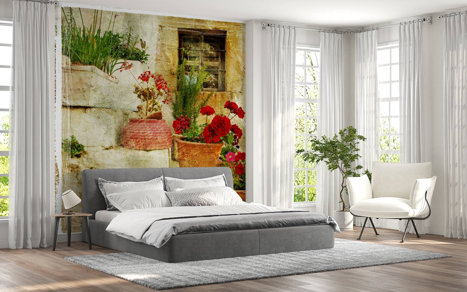 Papier peint pots de fleurs sur les marches en pierre