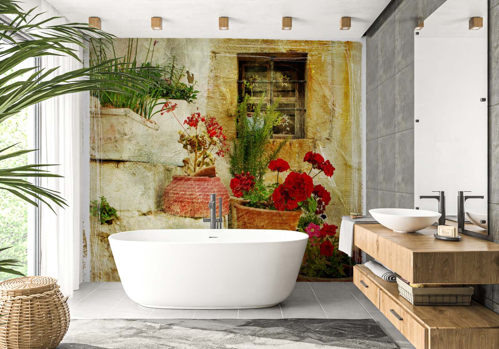 Papier peint pots de fleurs sur les marches en pierre