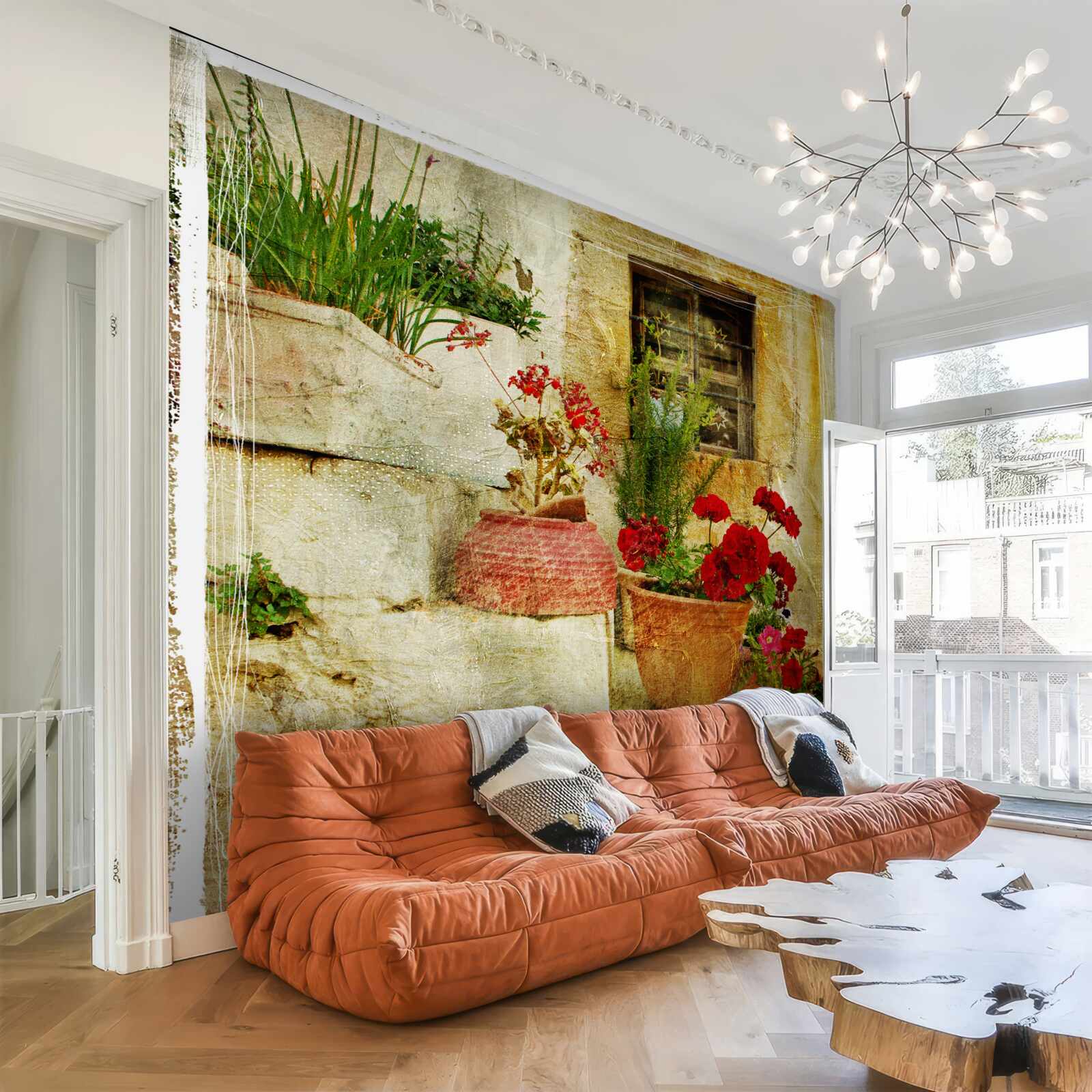 Papier peint pots de fleurs sur les marches en pierre