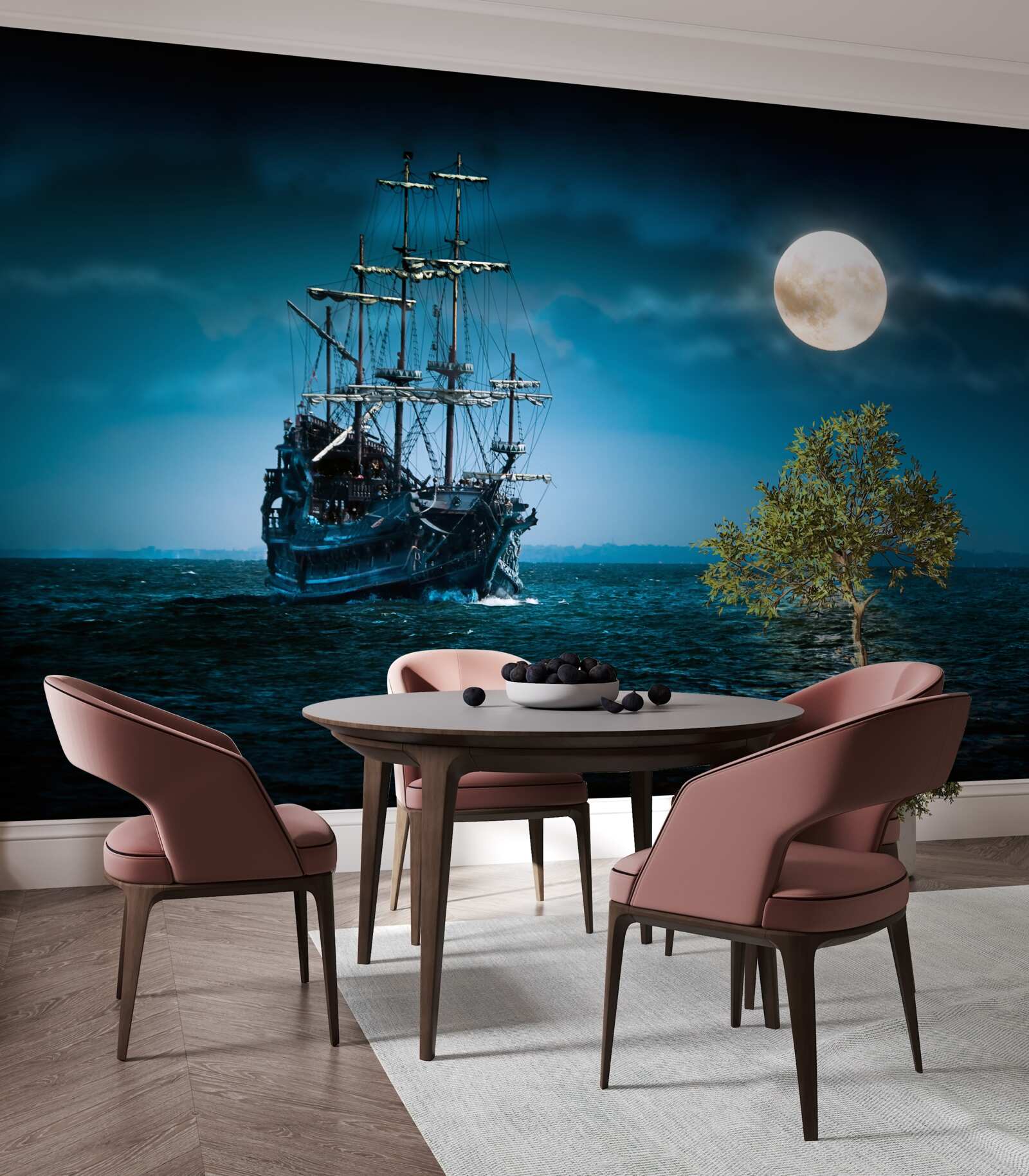 Papier peint navire ancien au clair de lune