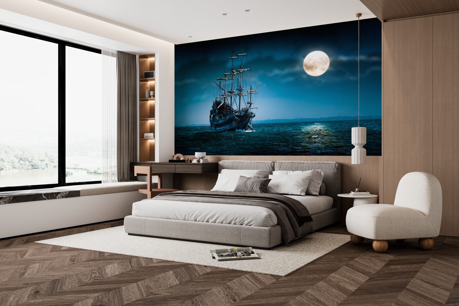 Papier peint navire ancien au clair de lune