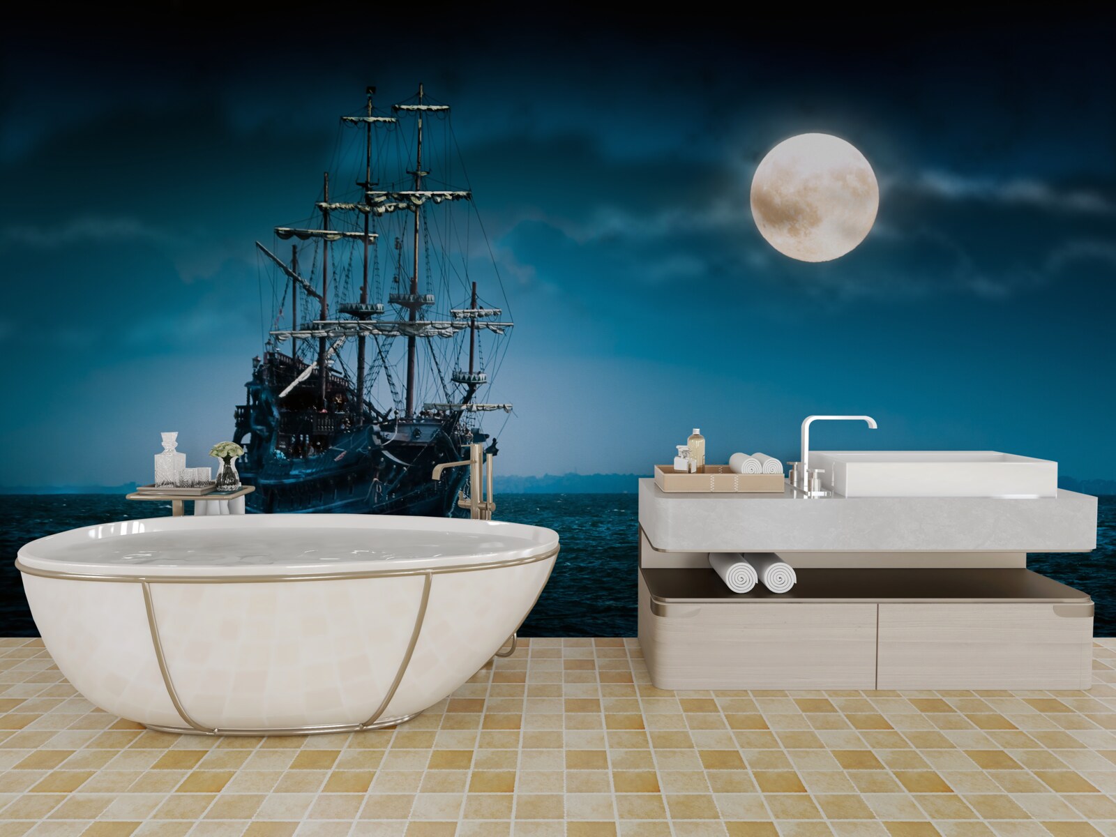 Papier peint navire ancien au clair de lune