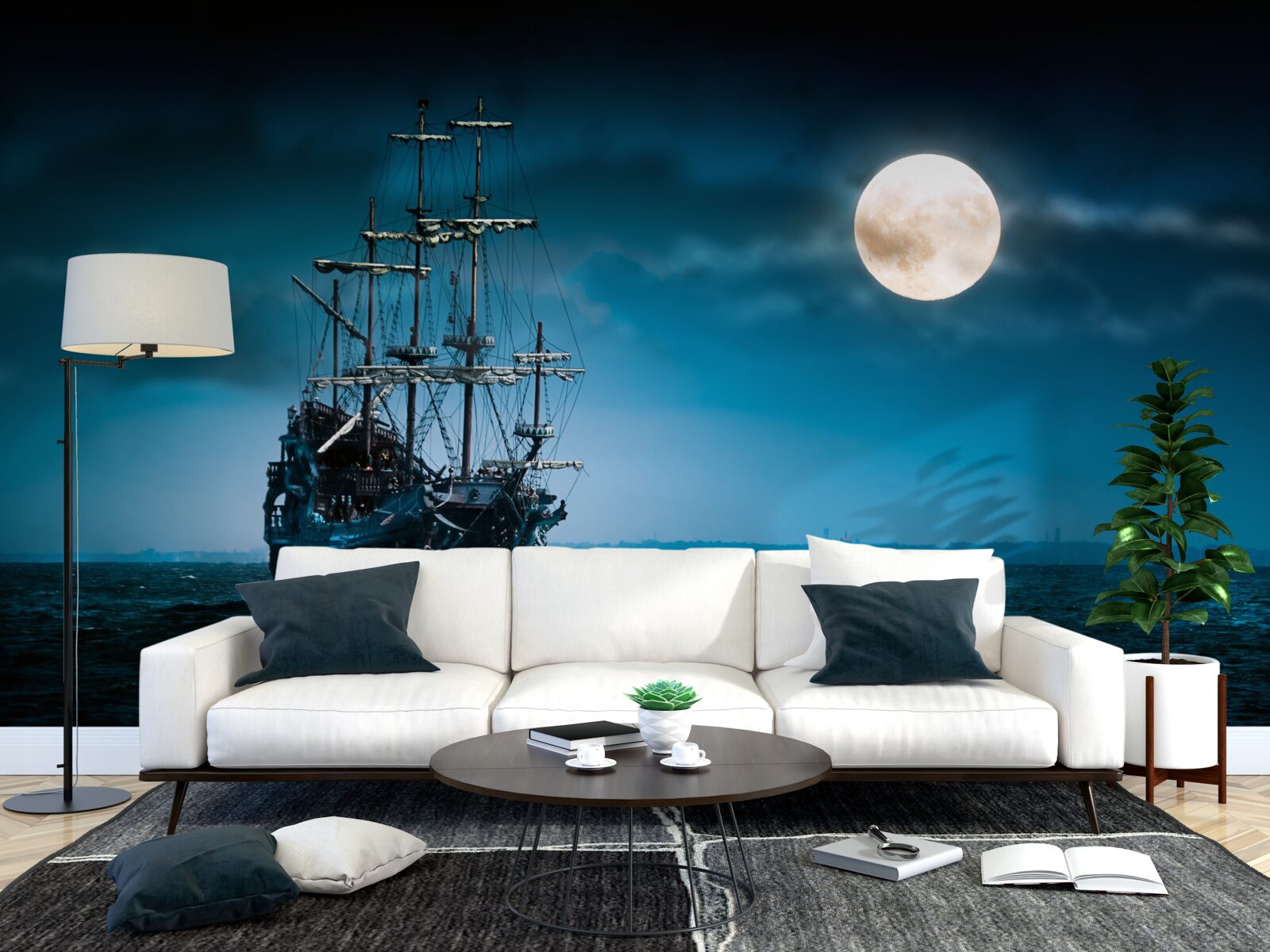 Papier peint navire ancien au clair de lune