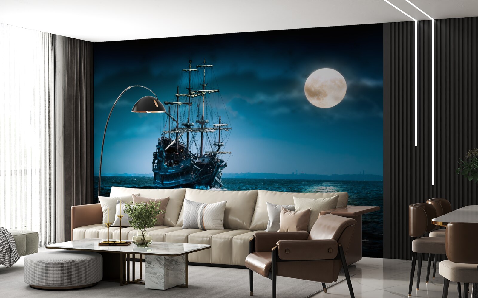 Papier peint navire ancien au clair de lune