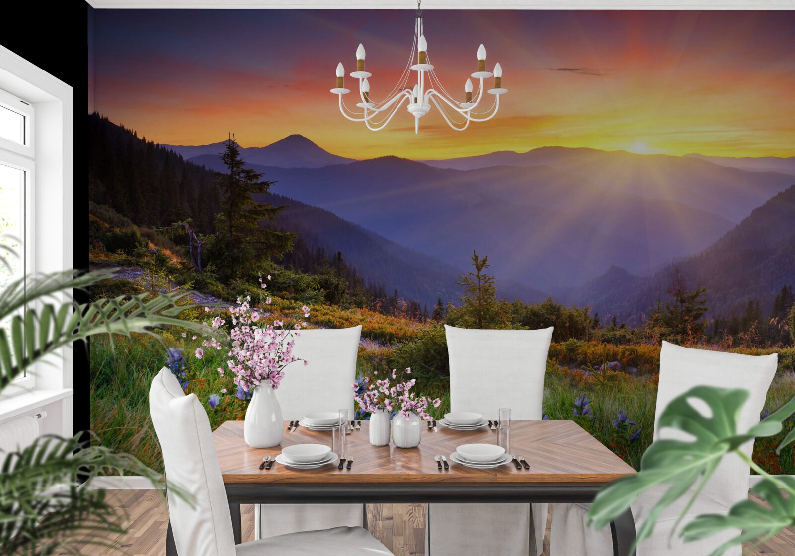 Papier peint le soleil se couche sur une prairie alpine