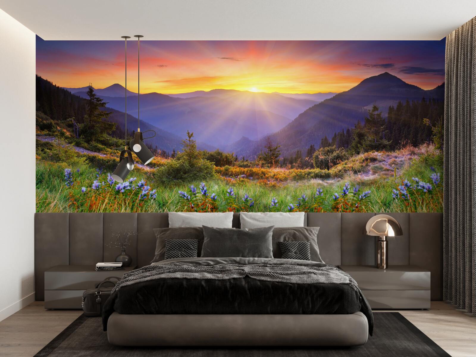 Papier peint le soleil se couche sur une prairie alpine