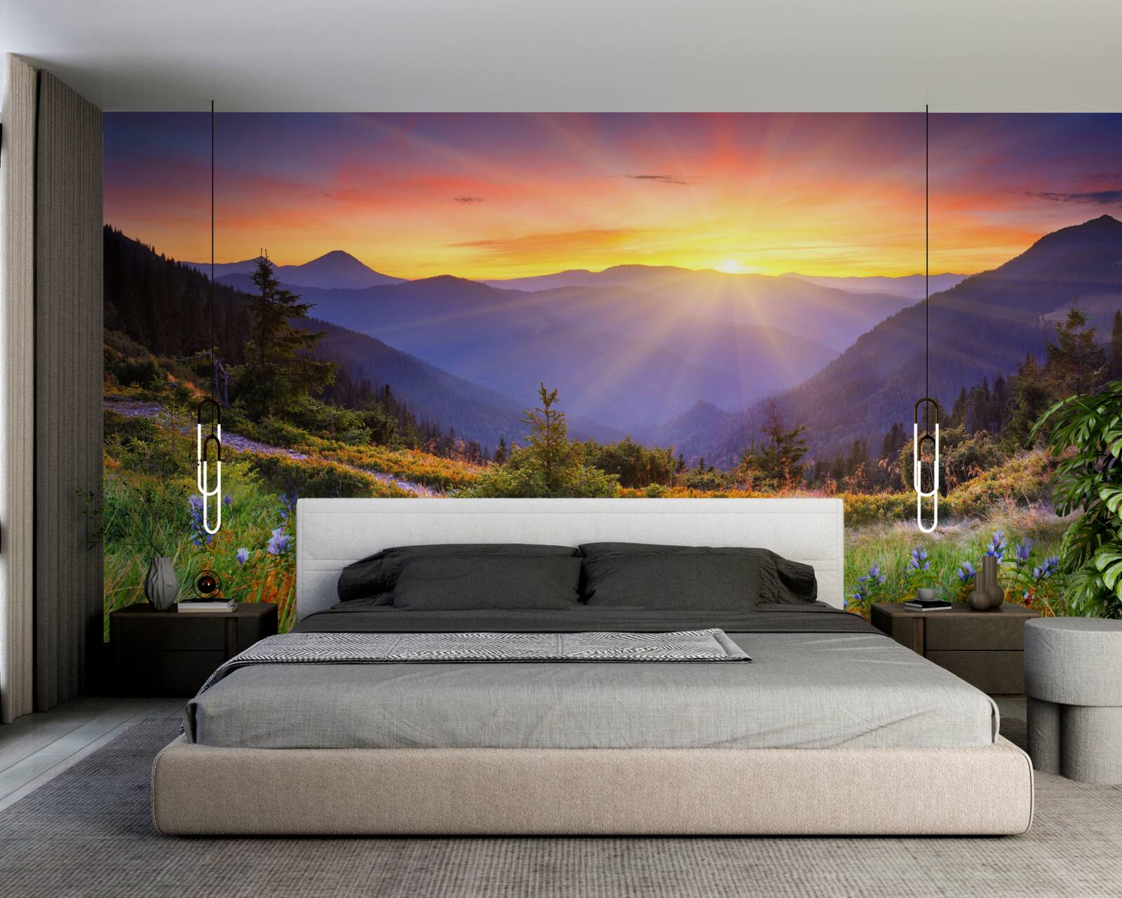 Papier peint le soleil se couche sur une prairie alpine