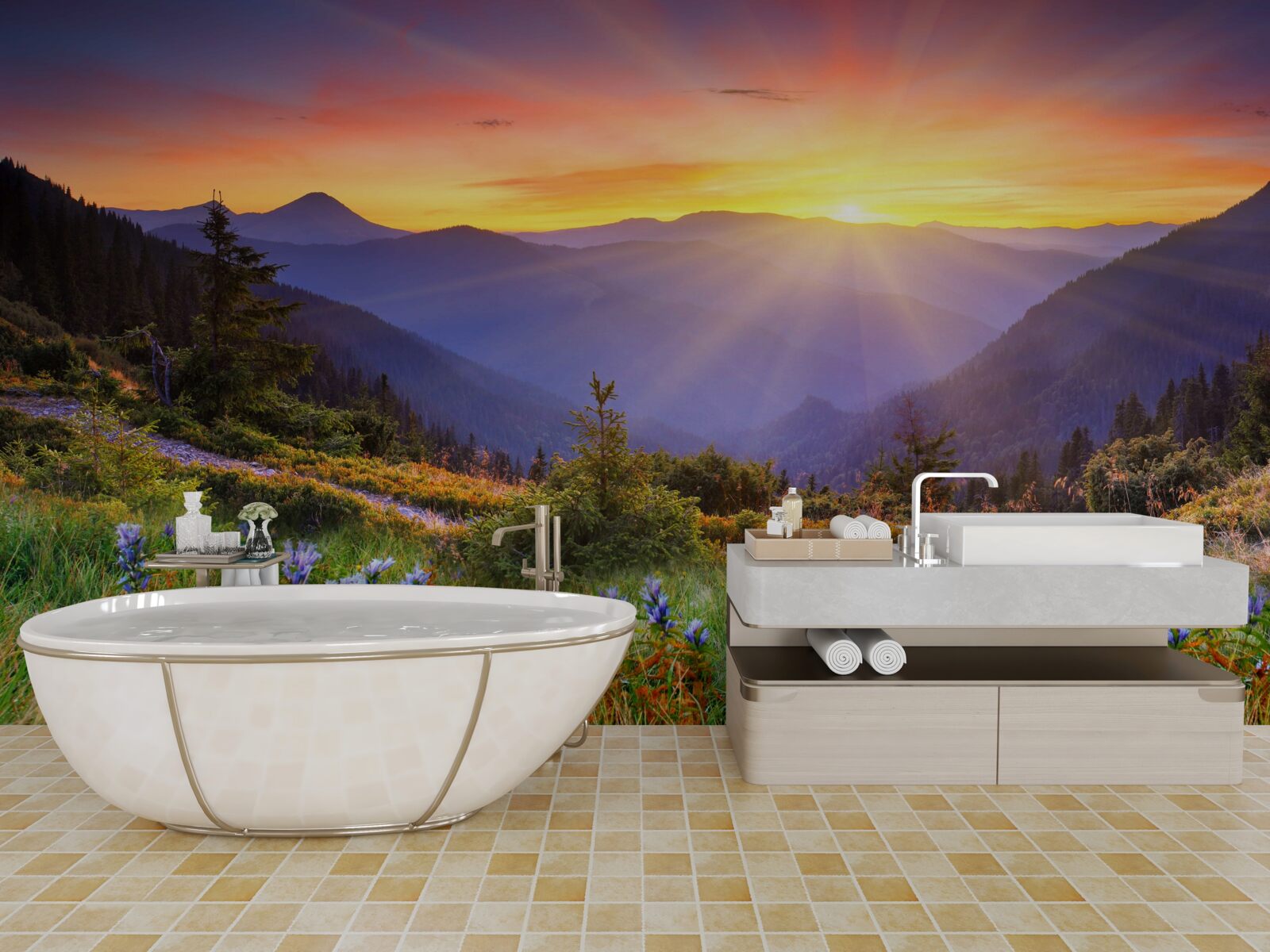 Papier peint le soleil se couche sur une prairie alpine