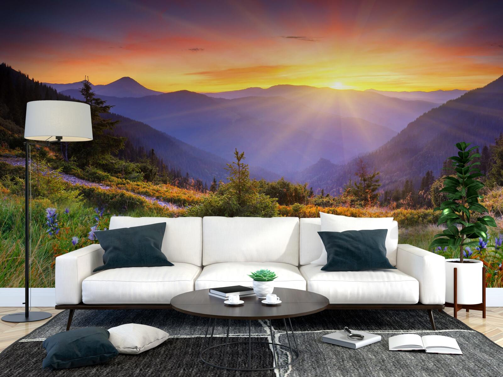 Papier peint le soleil se couche sur une prairie alpine