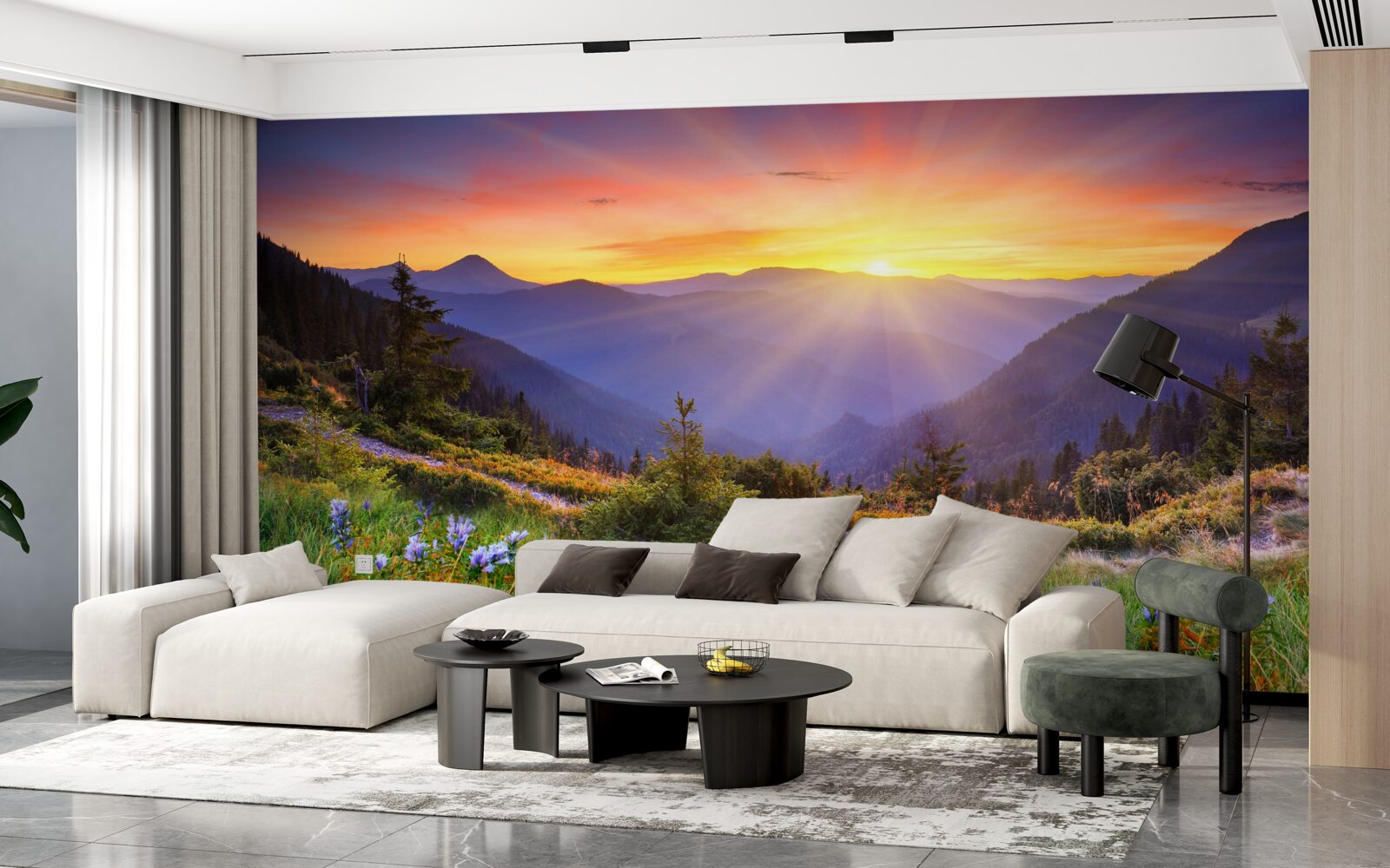 Papier peint le soleil se couche sur une prairie alpine