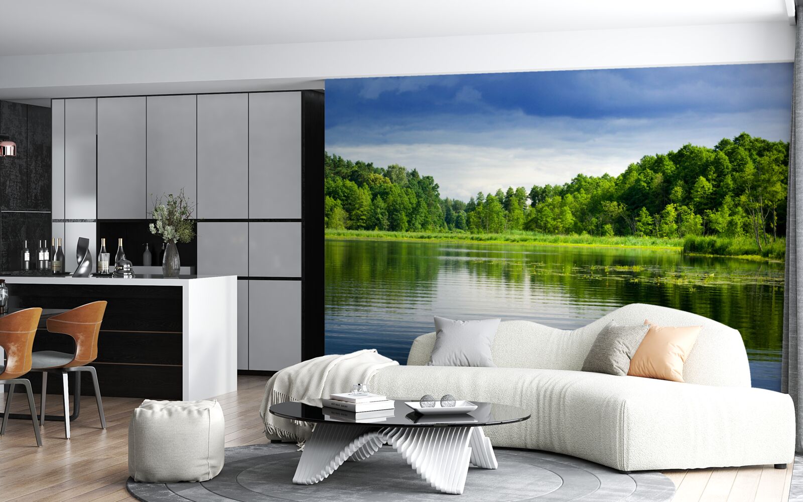 Papier peint une forêt luxuriante d'émeraude près d'un réservoir tranquille