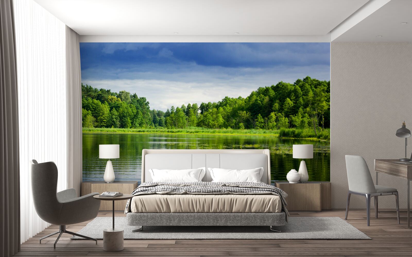 Papier peint une forêt luxuriante d'émeraude près d'un réservoir tranquille