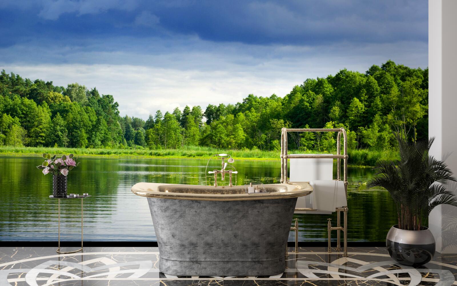 Papier peint une forêt luxuriante d'émeraude près d'un réservoir tranquille