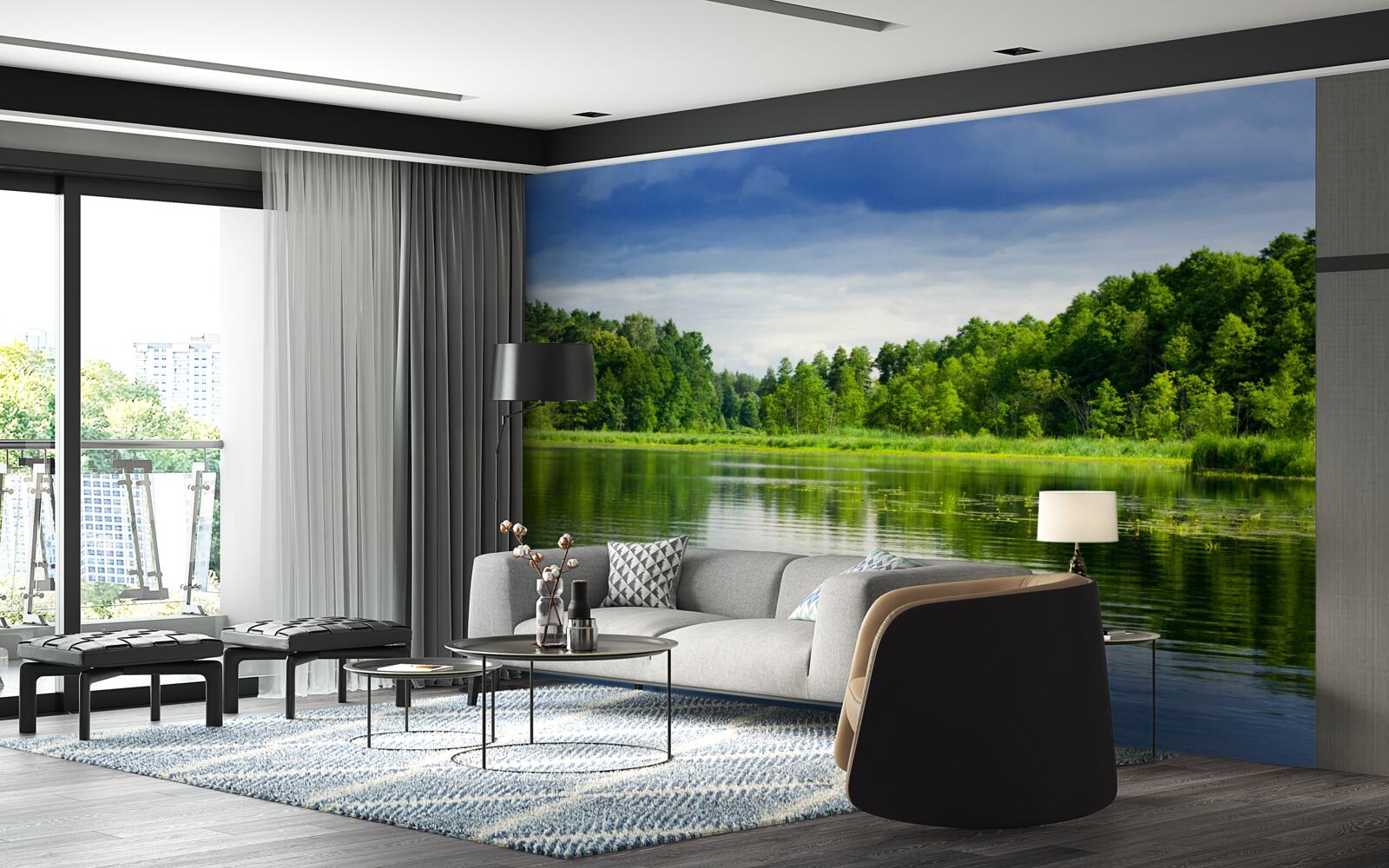 Papier peint une forêt luxuriante d'émeraude près d'un réservoir tranquille