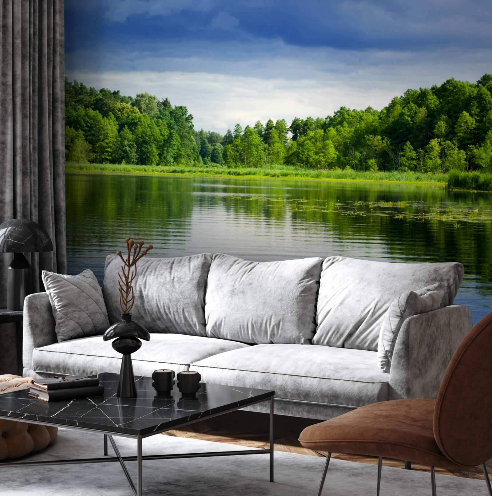 Papier peint une forêt luxuriante d'émeraude près d'un réservoir tranquille