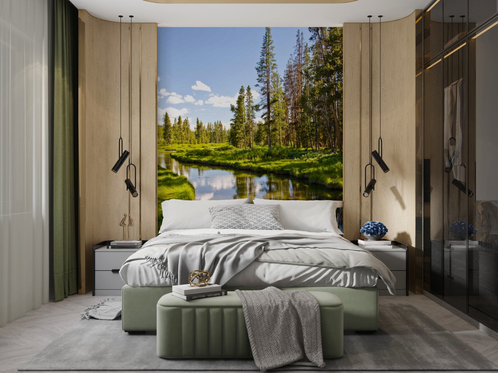 Papier peint ruisseau de forêt parmi les conifères en été