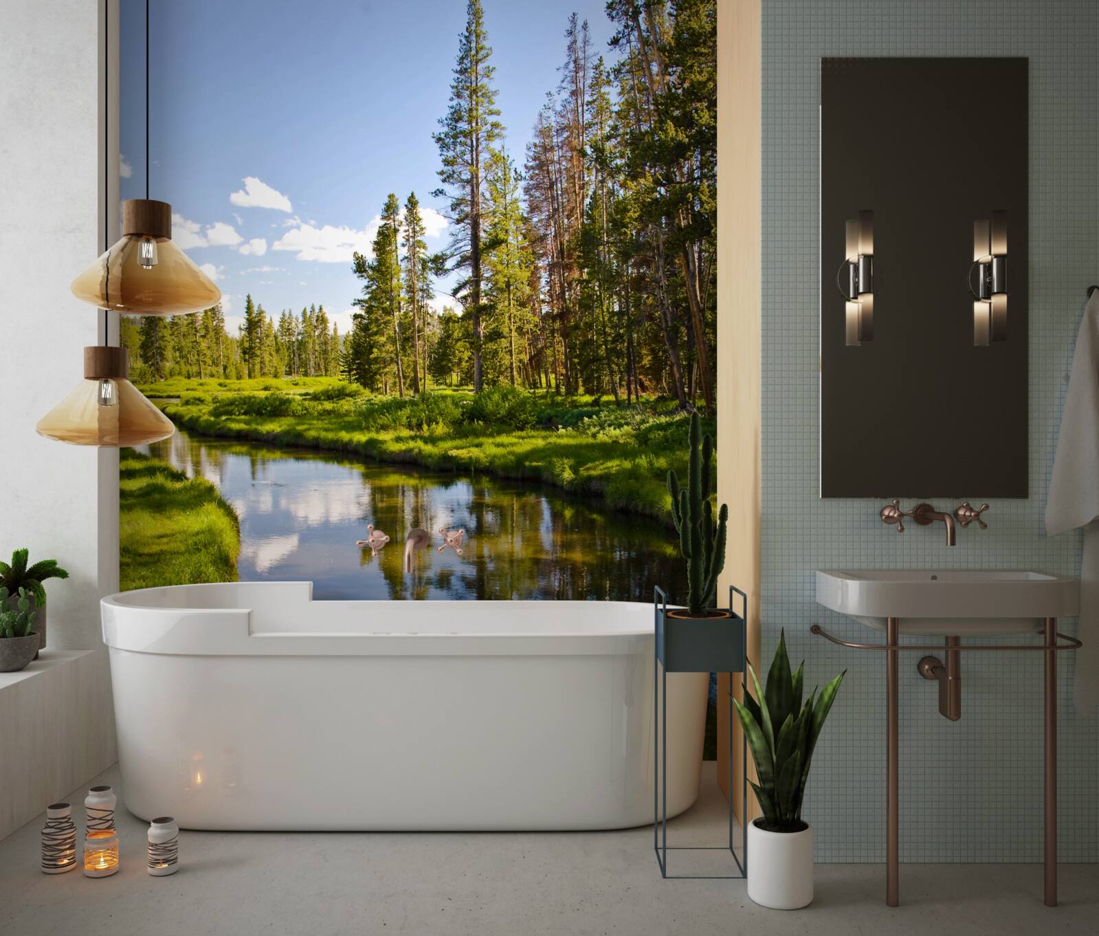 Papier peint ruisseau de forêt parmi les conifères en été