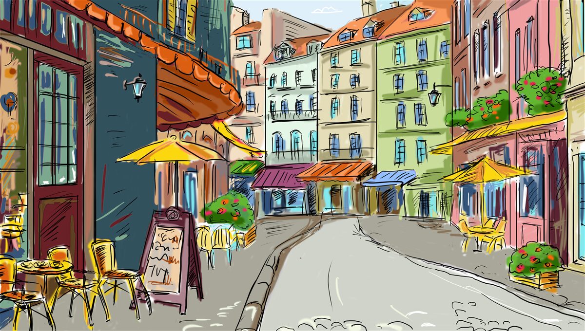 Papier peint rue calme et accueillante, pleine de couleurs