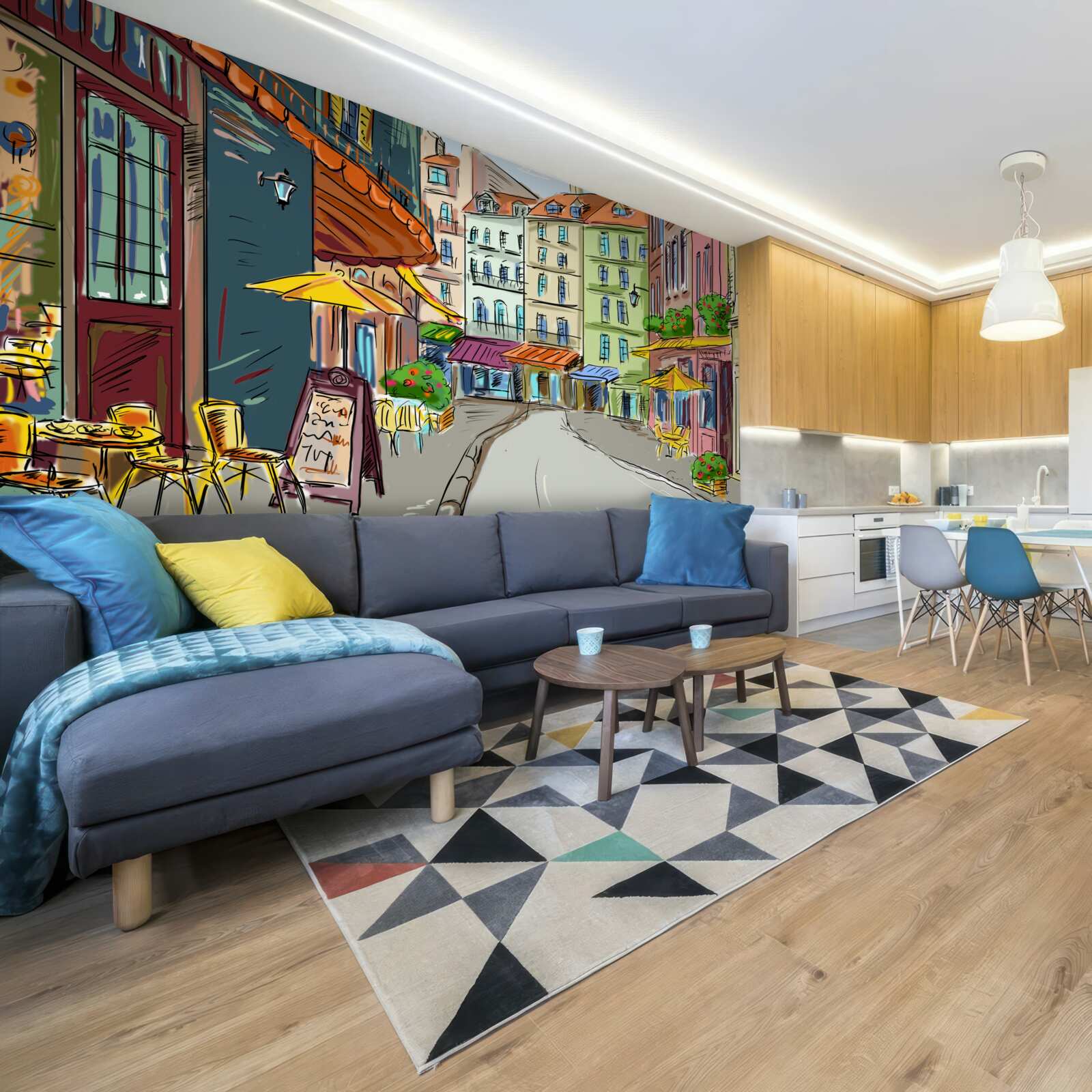 Papier peint rue calme et accueillante, pleine de couleurs