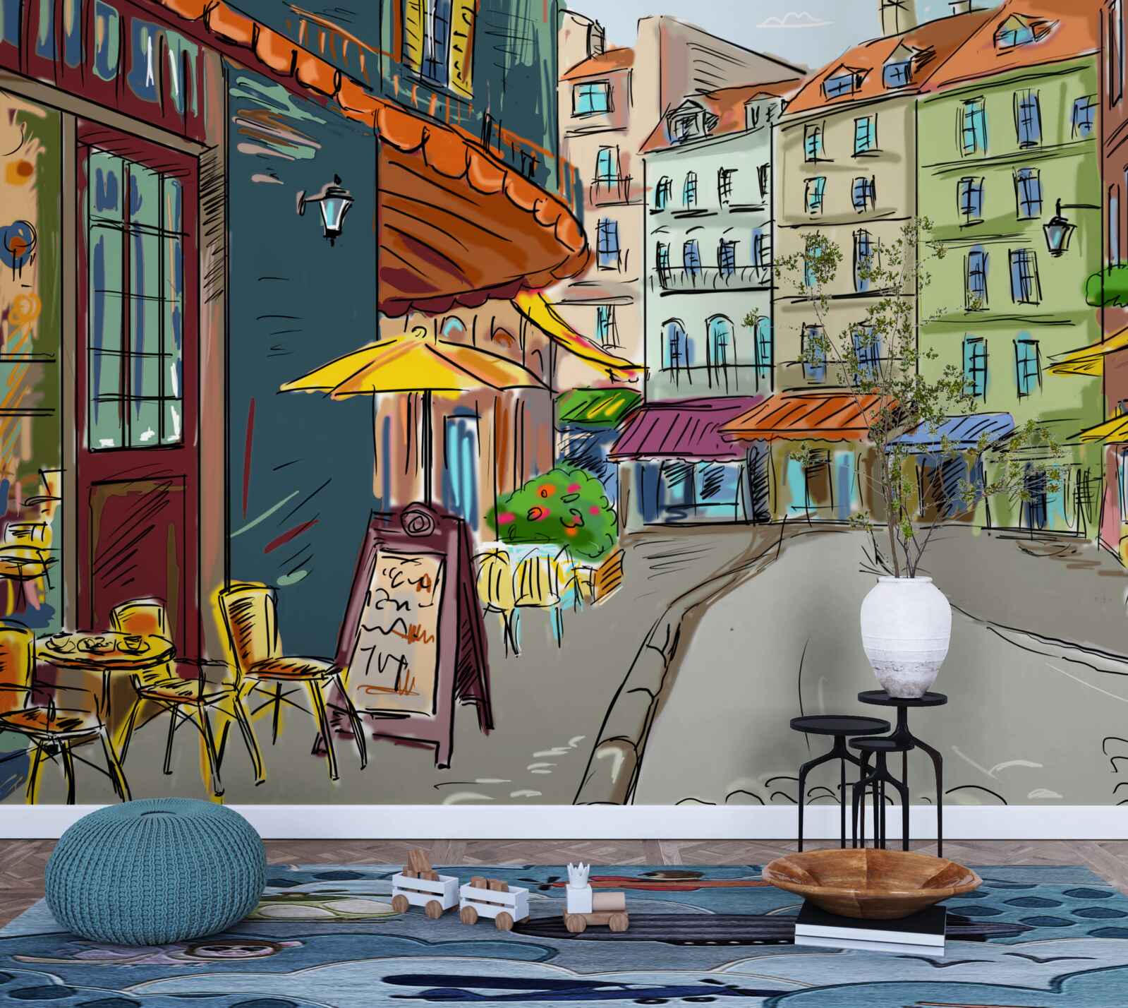 Papier peint rue calme et accueillante, pleine de couleurs