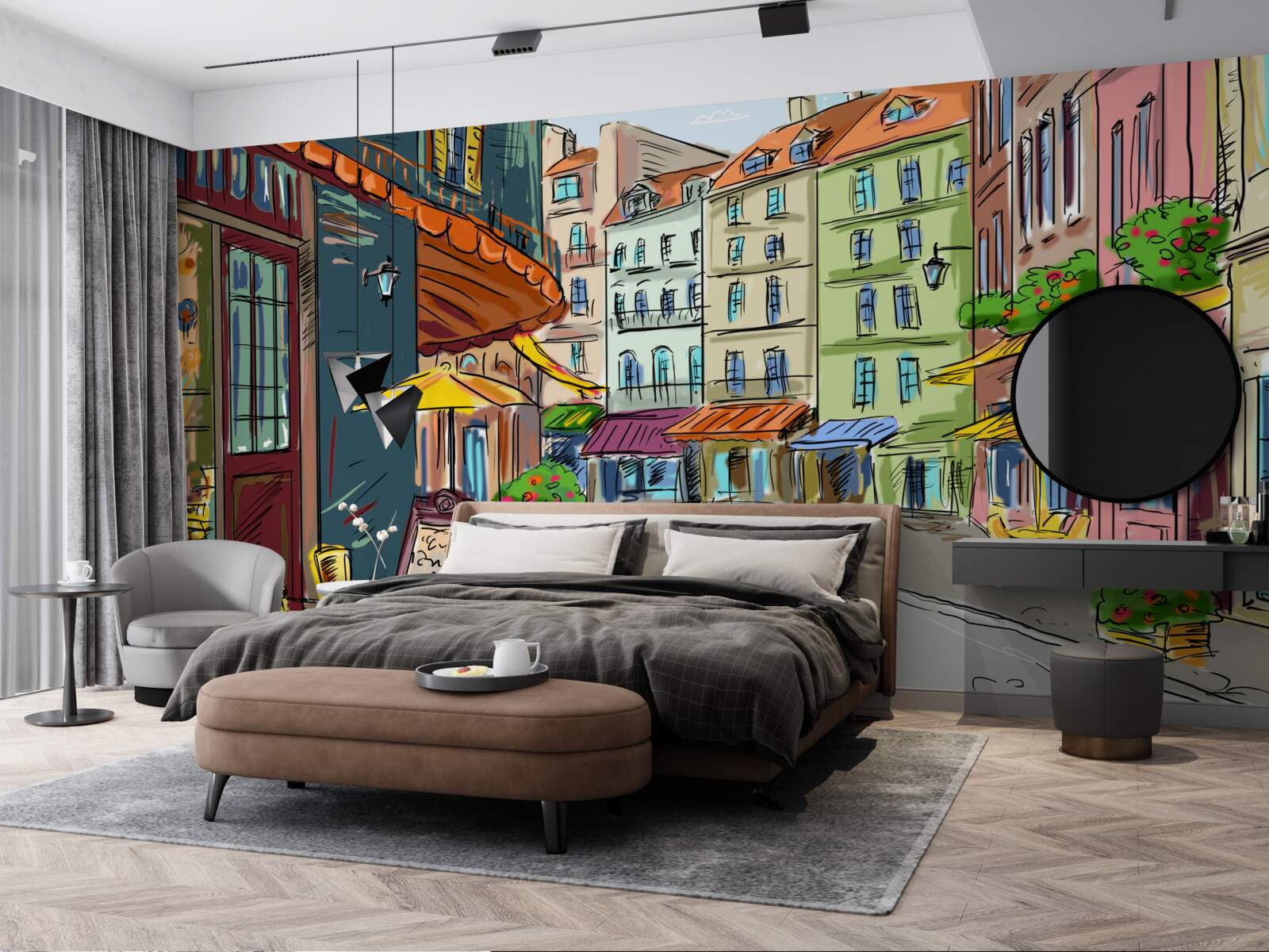 Papier peint rue calme et accueillante, pleine de couleurs