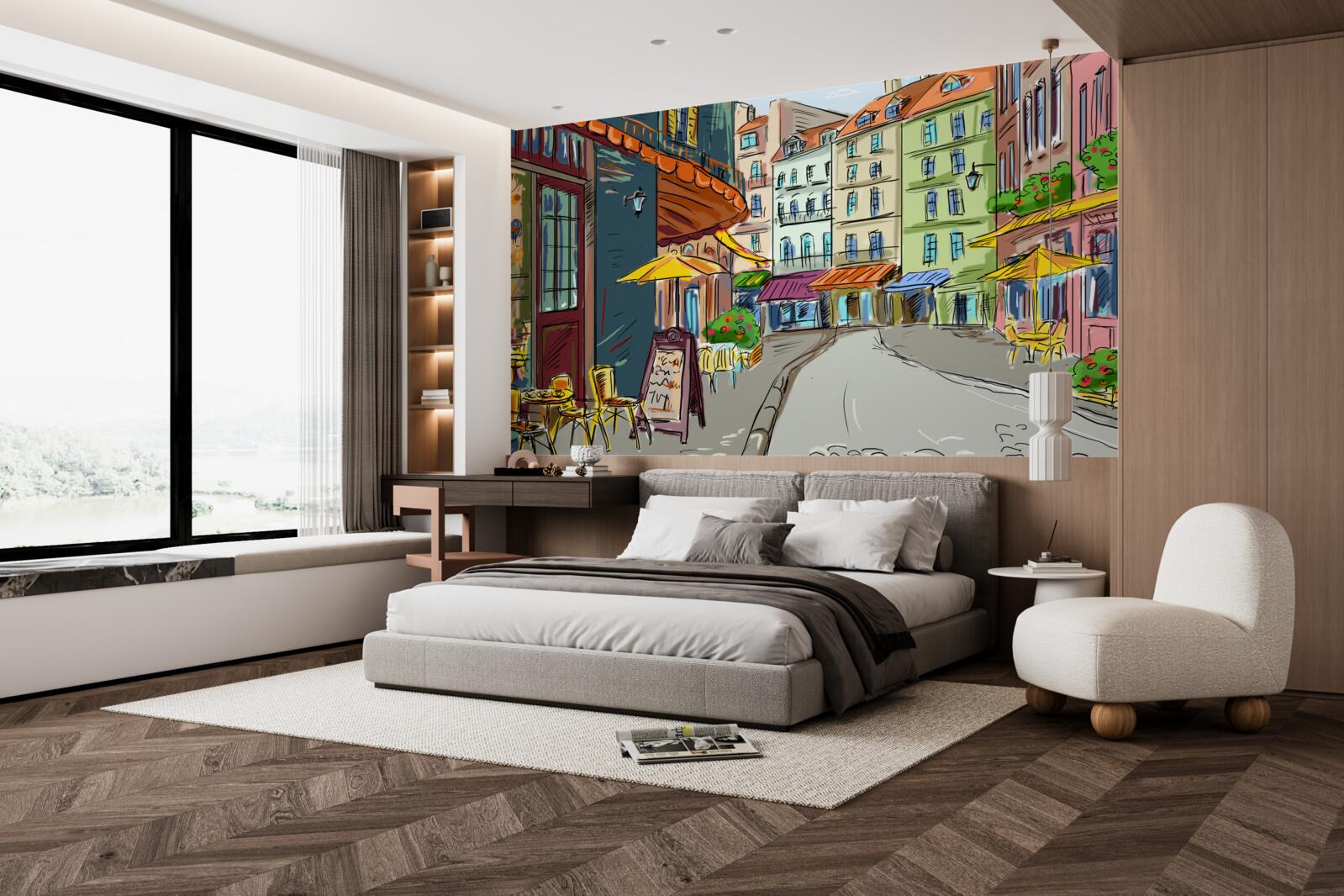 Papier peint rue calme et accueillante, pleine de couleurs