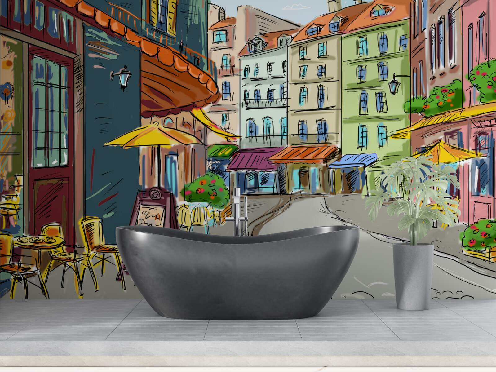 Papier peint rue calme et accueillante, pleine de couleurs