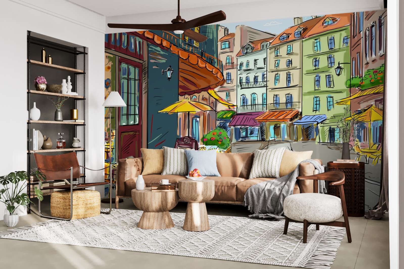 Papier peint rue calme et accueillante, pleine de couleurs