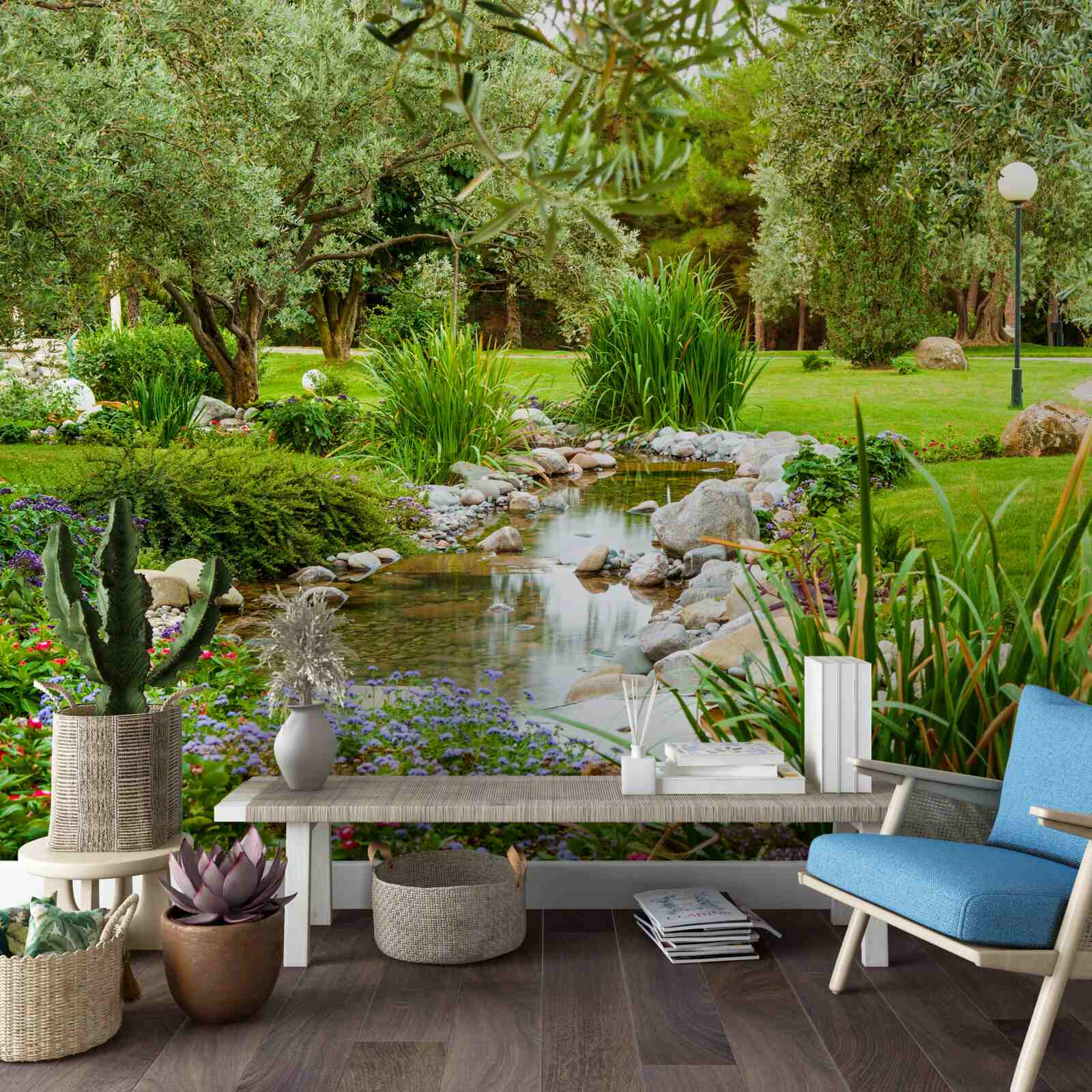 Papier peint un ruisseau calme sur une prairie émeraude