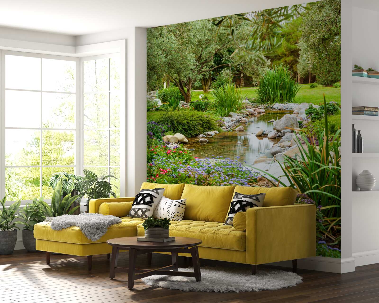 Papier peint un ruisseau calme sur une prairie émeraude