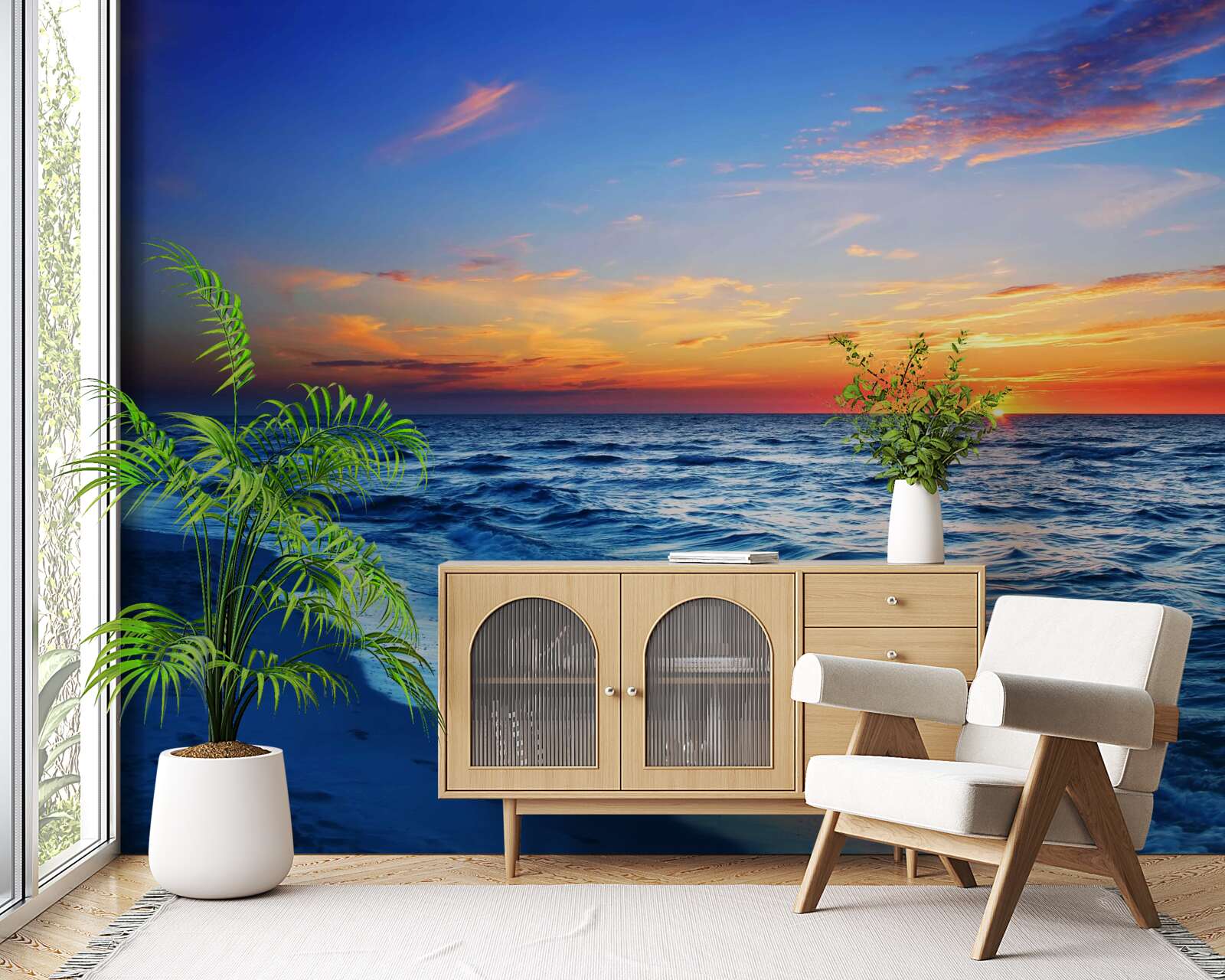 Papier peint le soleil couchant et les vagues écumantes