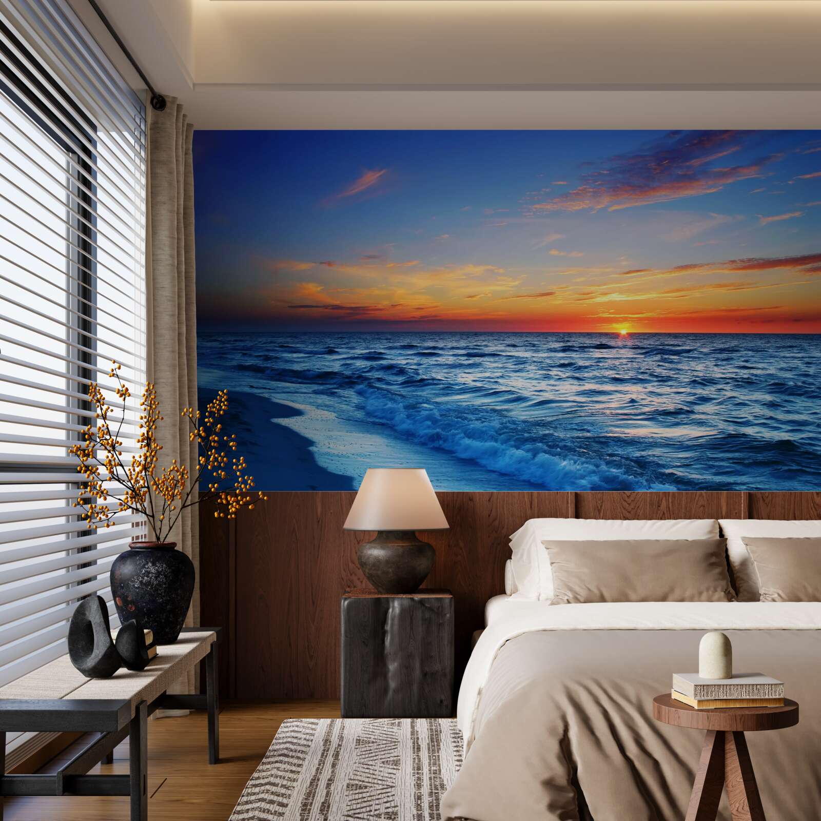 Papier peint le soleil couchant et les vagues écumantes