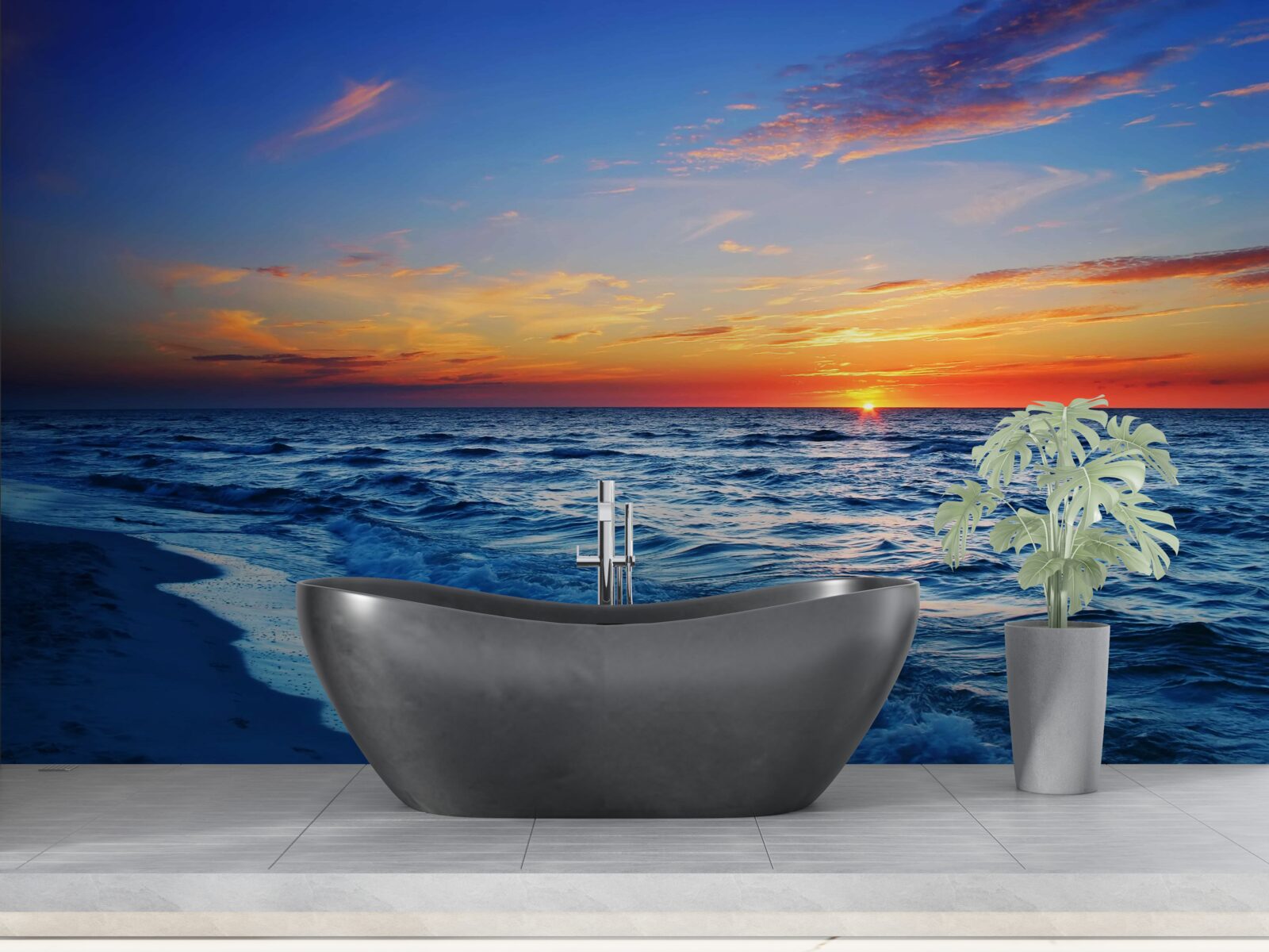 Papier peint le soleil couchant et les vagues écumantes